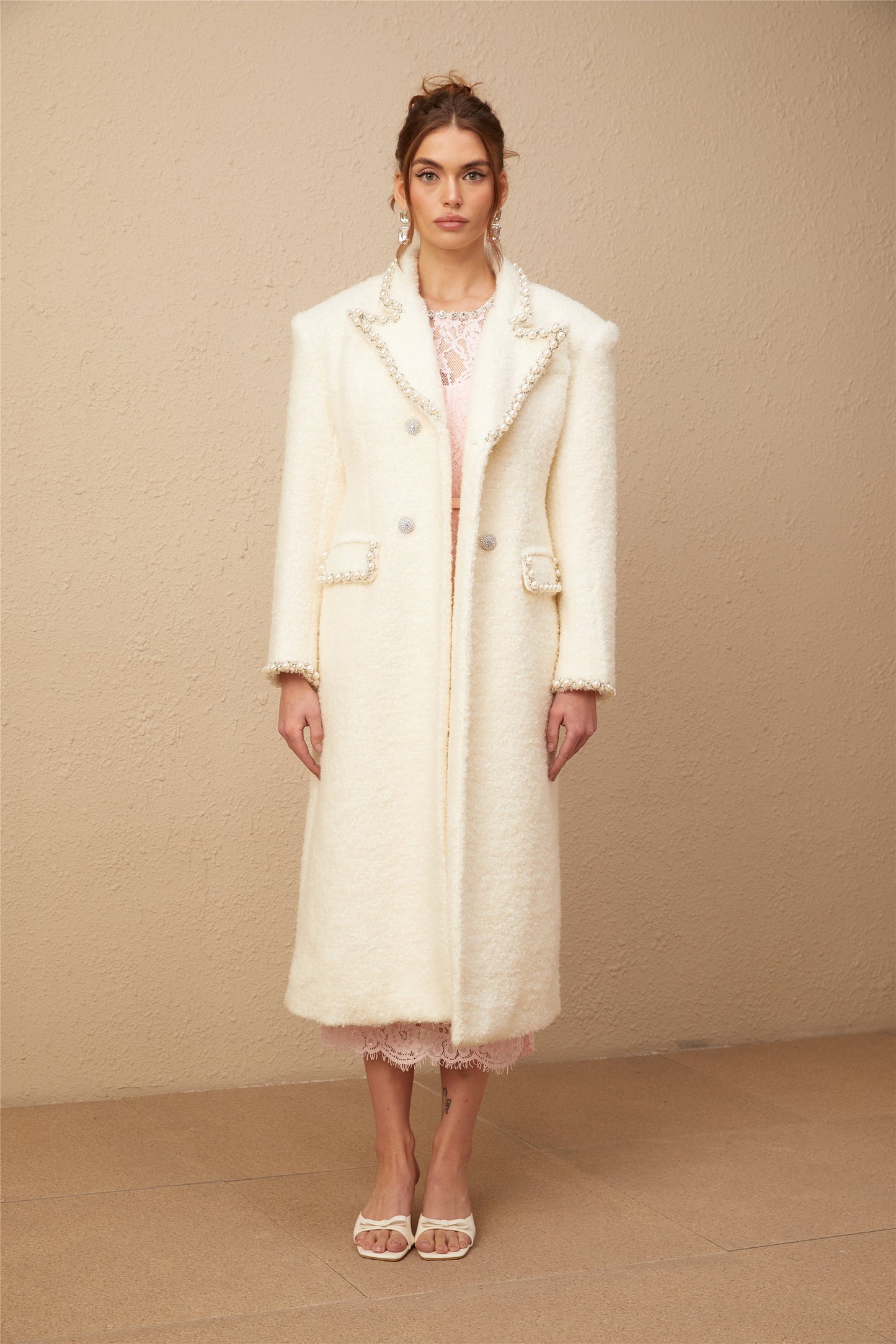 Isotta wool faux-pearl embellished tweed long coat