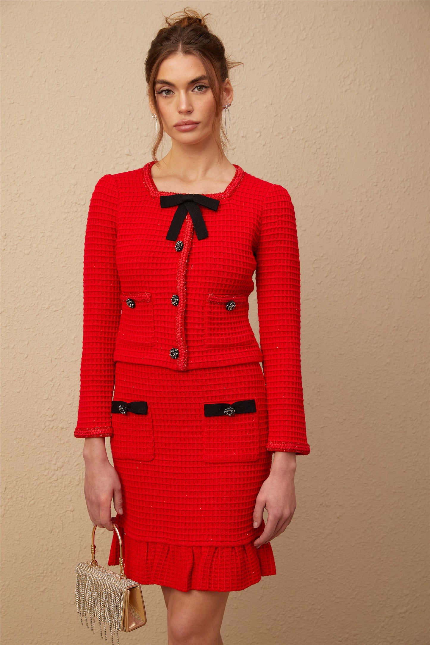 Cynthia red braided waffle-knit jacket & skirt matching set