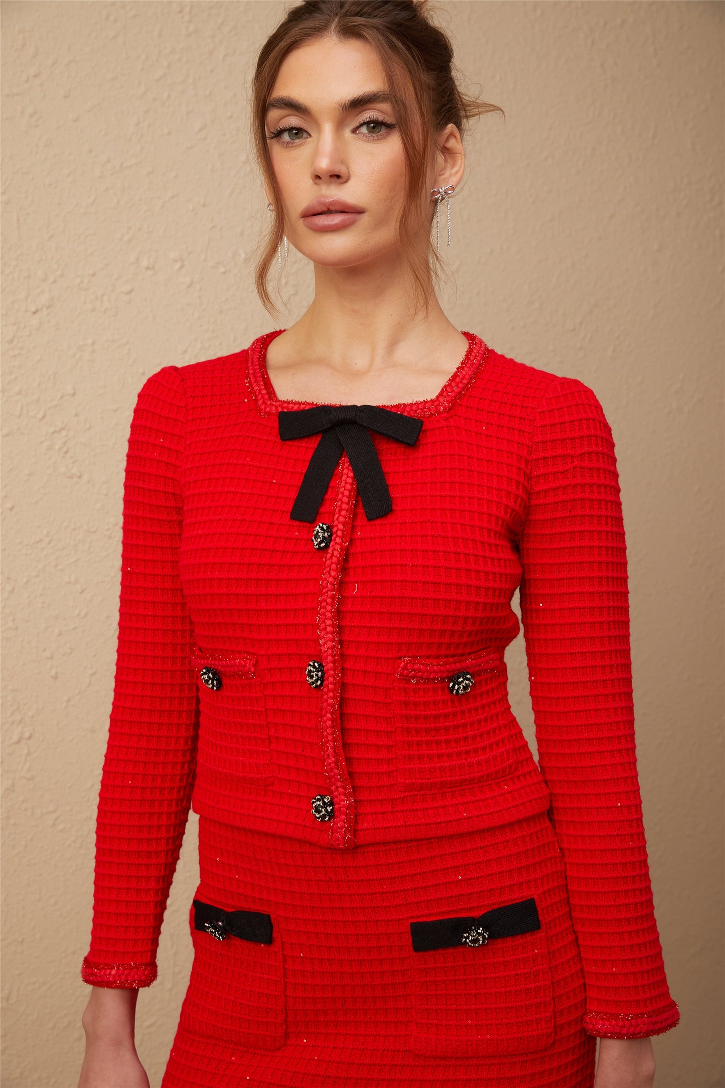 Cynthia red braided waffle-knit jacket & skirt matching set