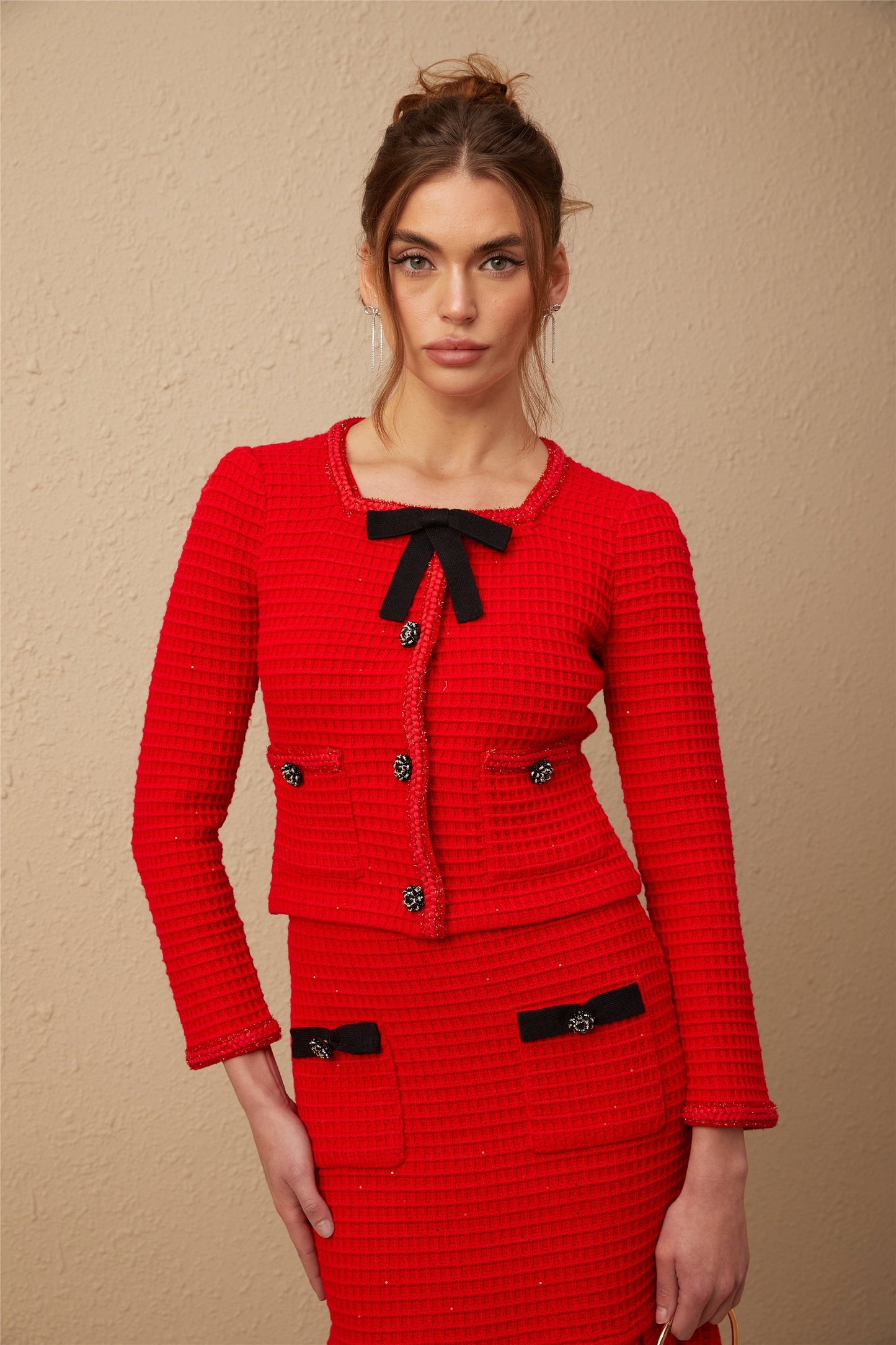 Cynthia red braided waffle-knit jacket & skirt matching set