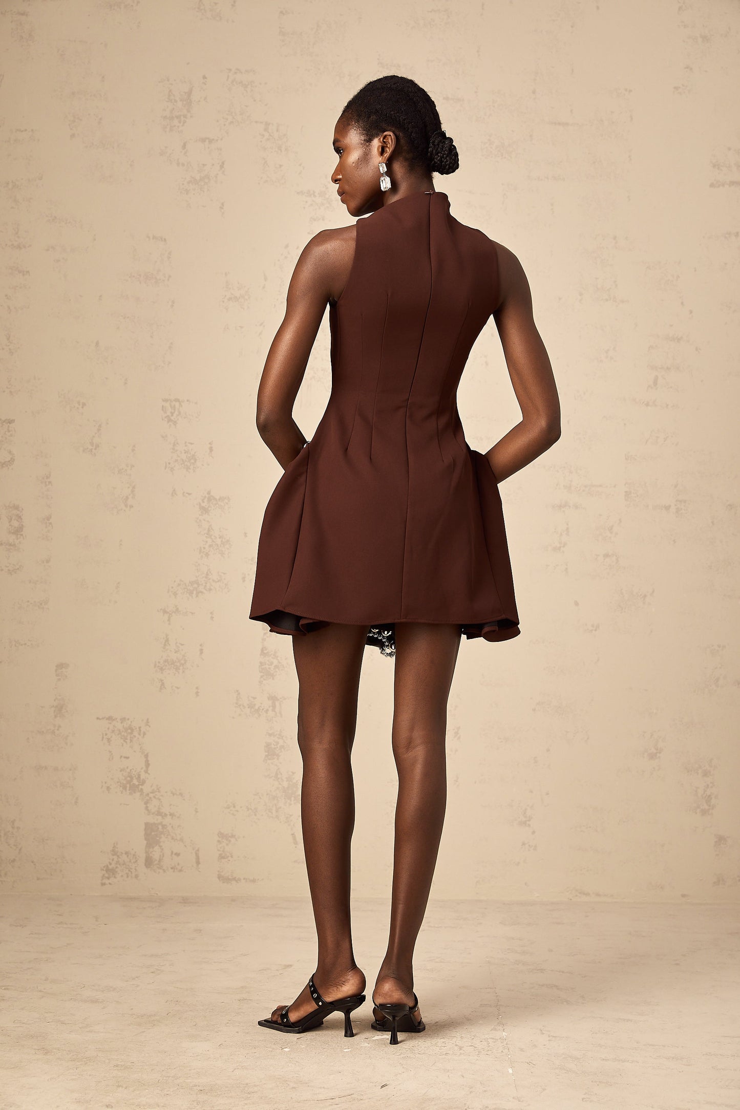 Dora brown asymmetric-neck puff mini dress (US Only)