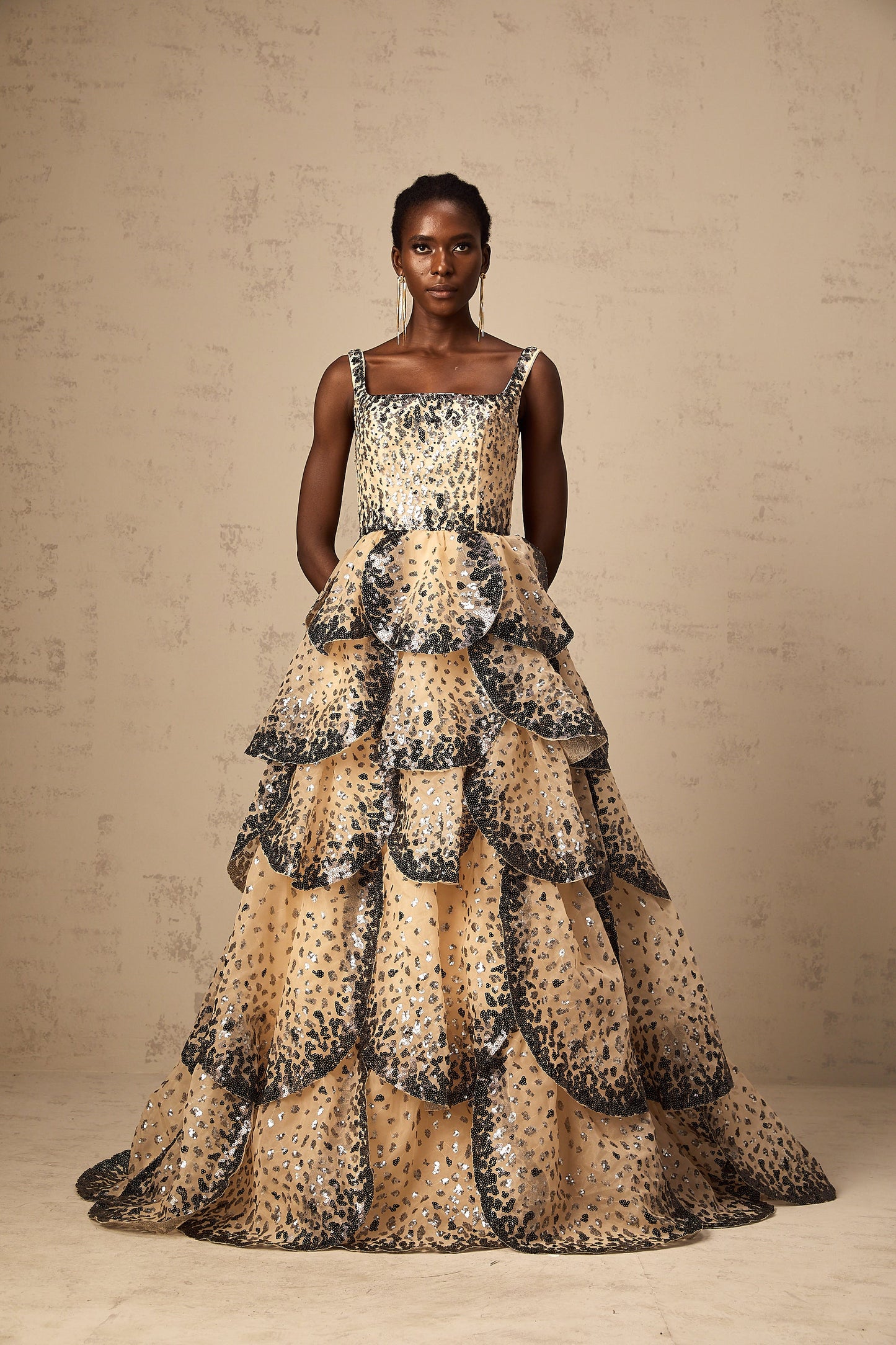 Flavie sequined petal tiered maxi dress