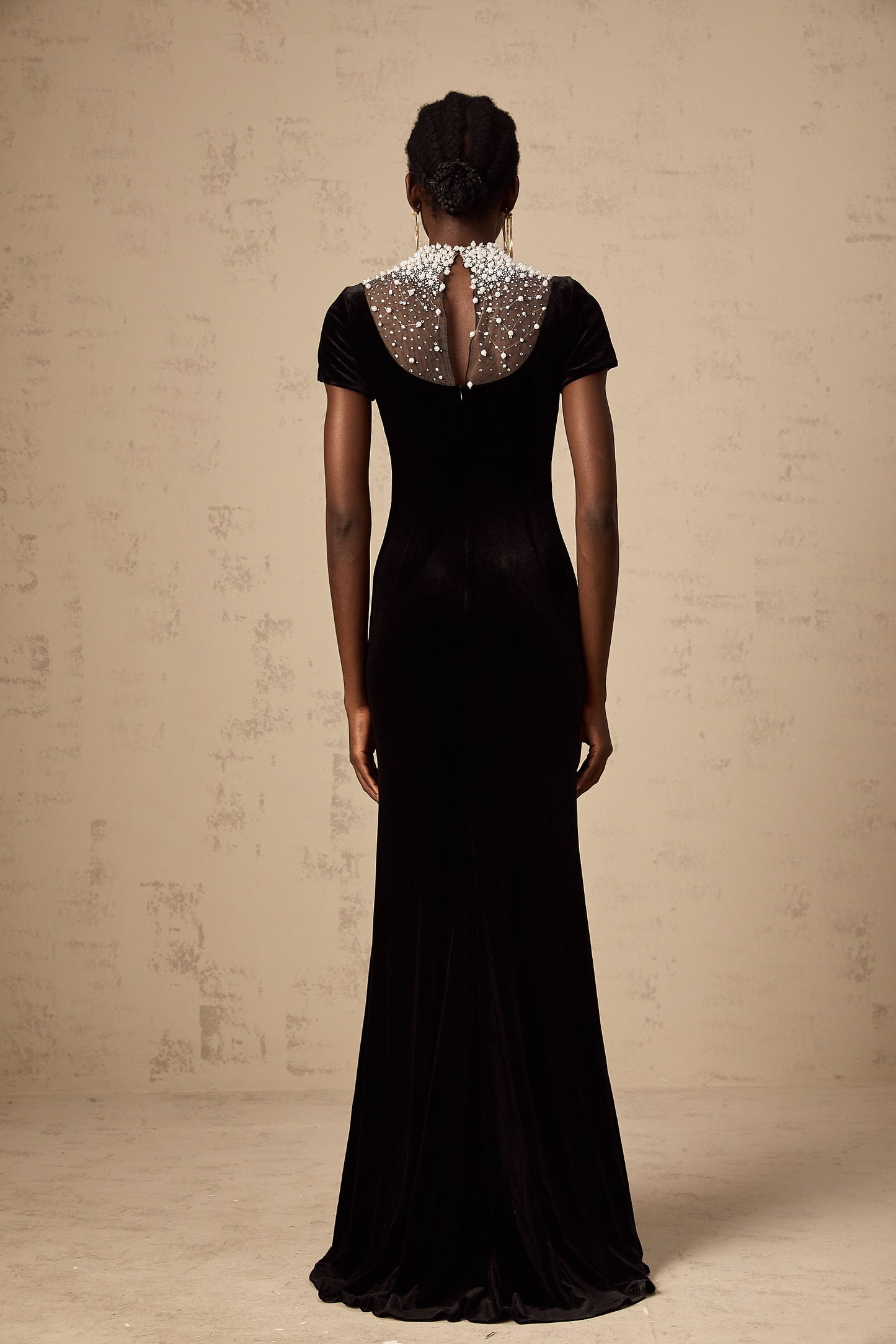 Kristin black faux-pearl embellished velvet maxi dress (US Only)