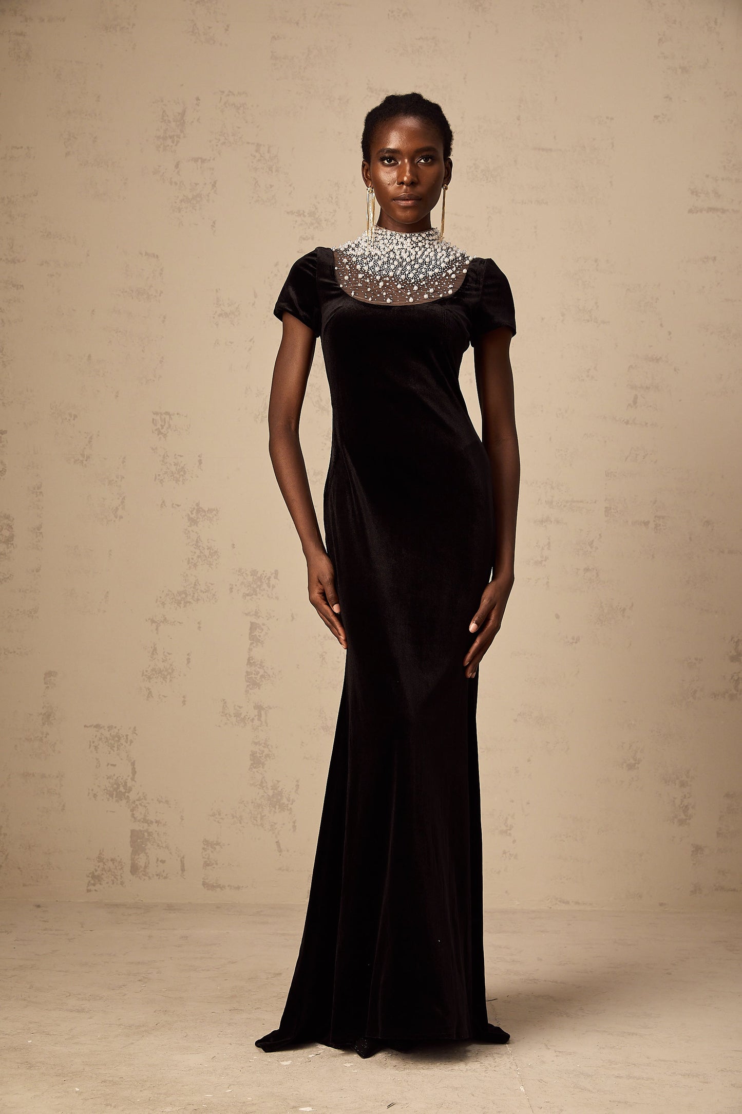 Kristin black faux-pearl embellished velvet maxi dress (US Only)