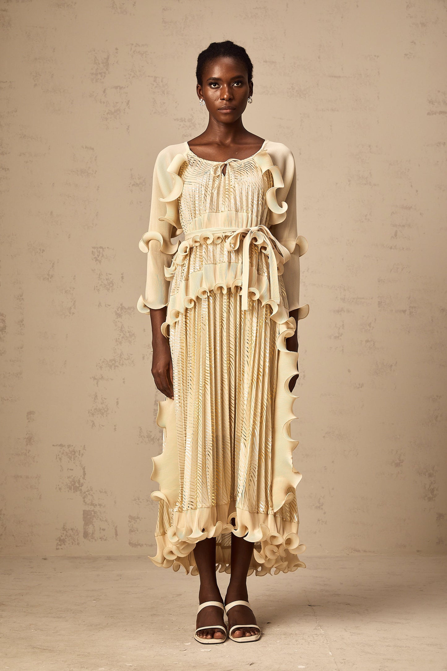 Ellie neutrals gilded ruffled midi dress (US Only)