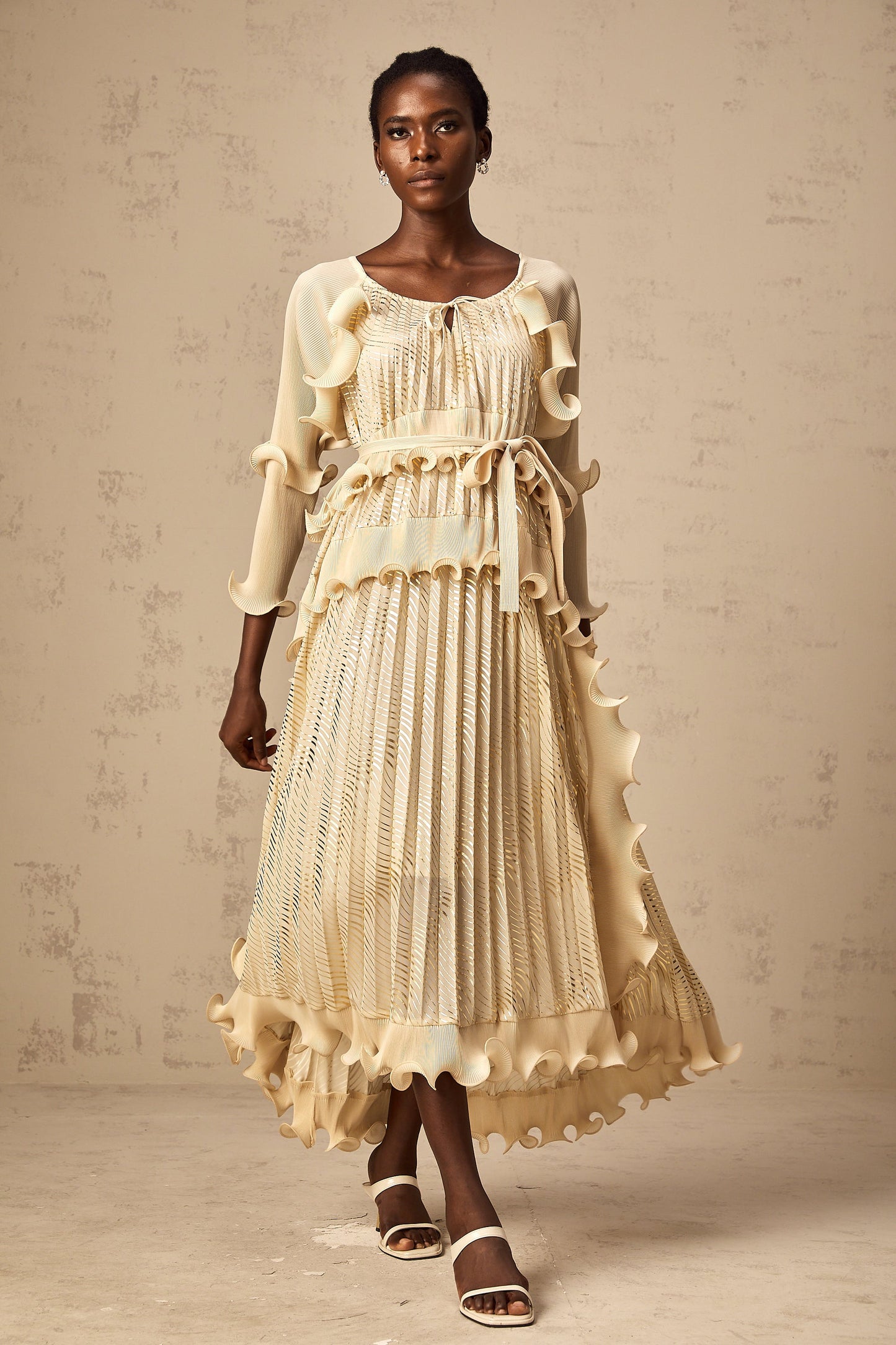 Ellie neutrals gilded ruffled midi dress (US Only)