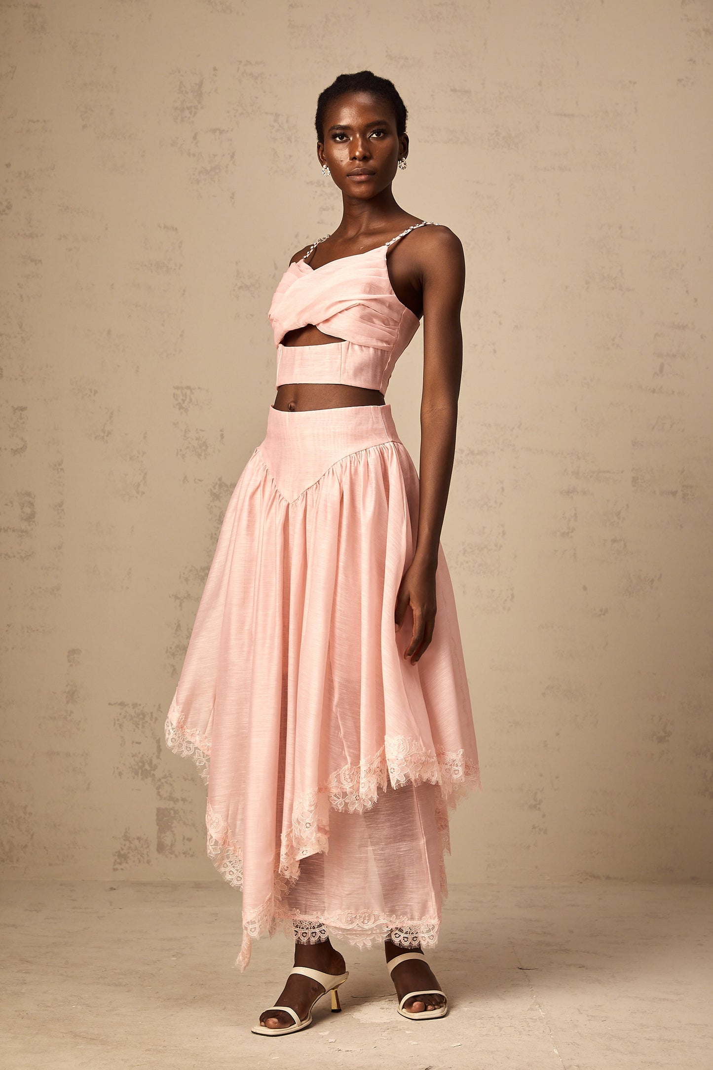 Tamara pink asymmetric ruffled top & skirt matching set