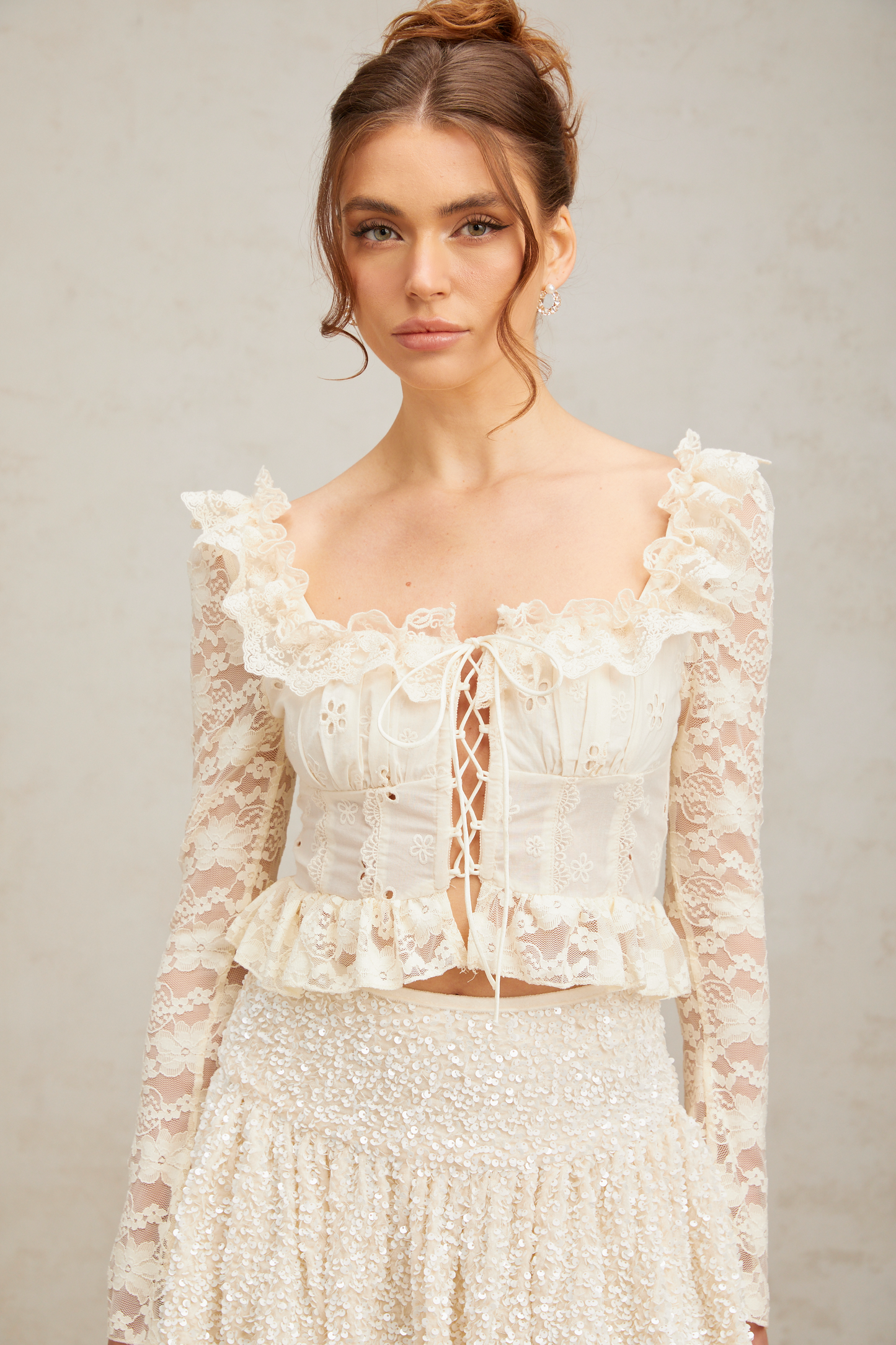 Eugénie off-white floral-lace ruffled blouse