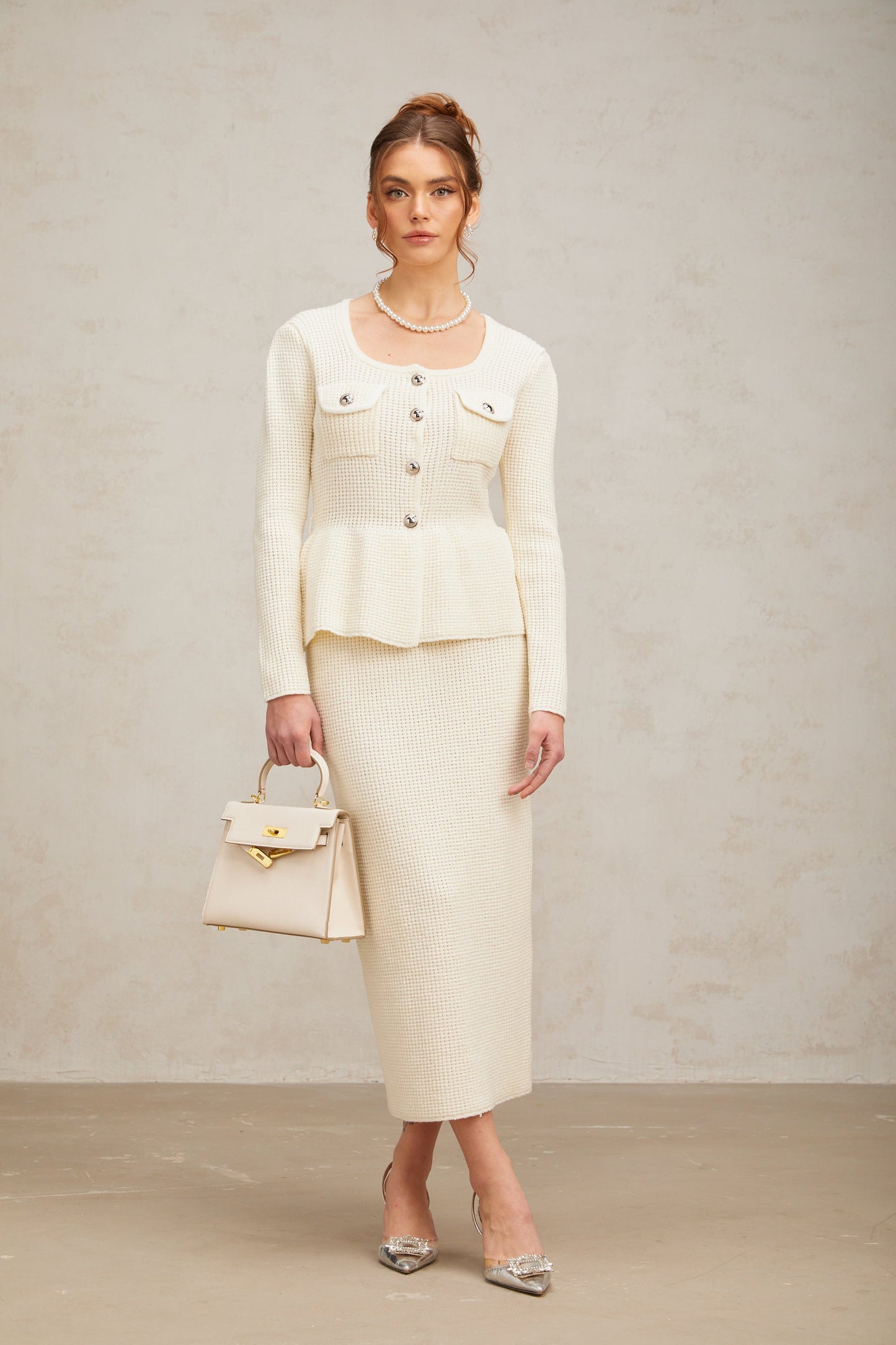 Manon white knitted top & skirt matching set