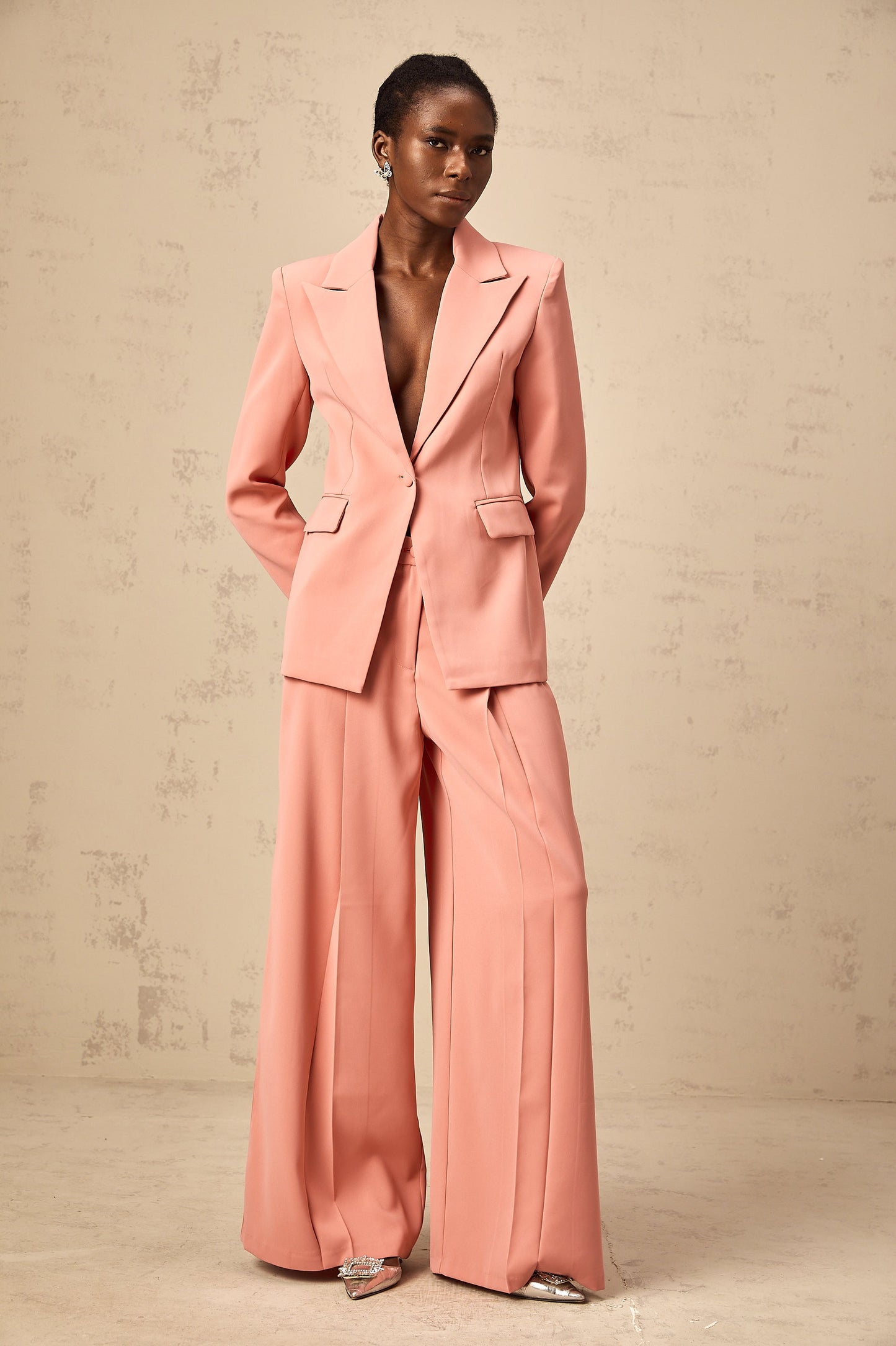 Zoé pink embroidery cut-out blazer & trousers matching set