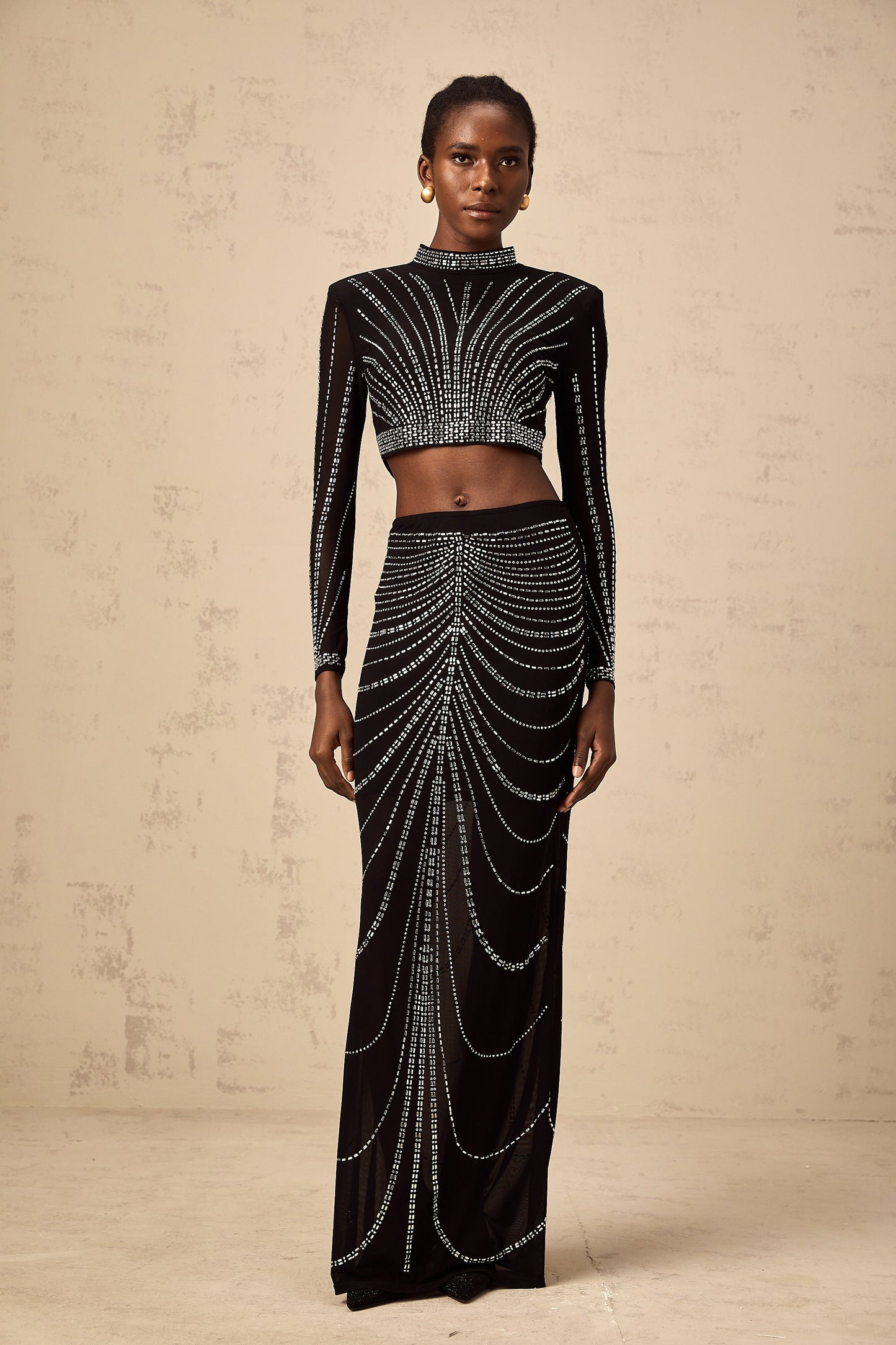 Phillis black rhinestone mesh top & skirt matching set