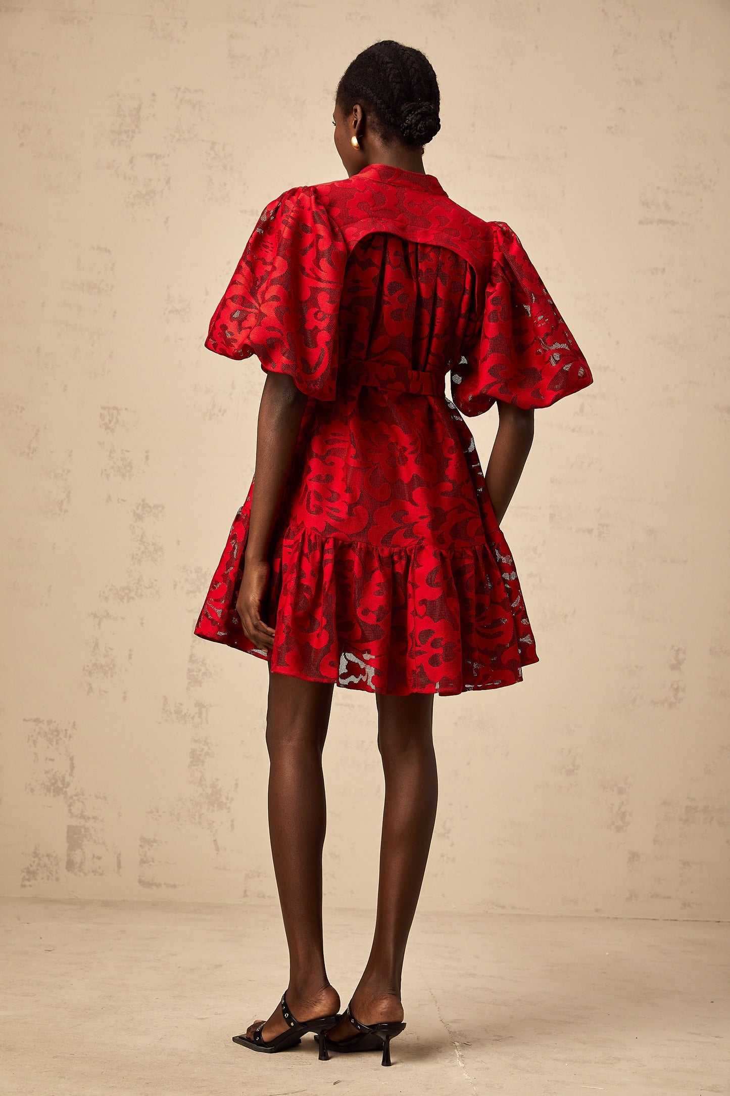 Athénais red jacquard semi-sheer mini dress