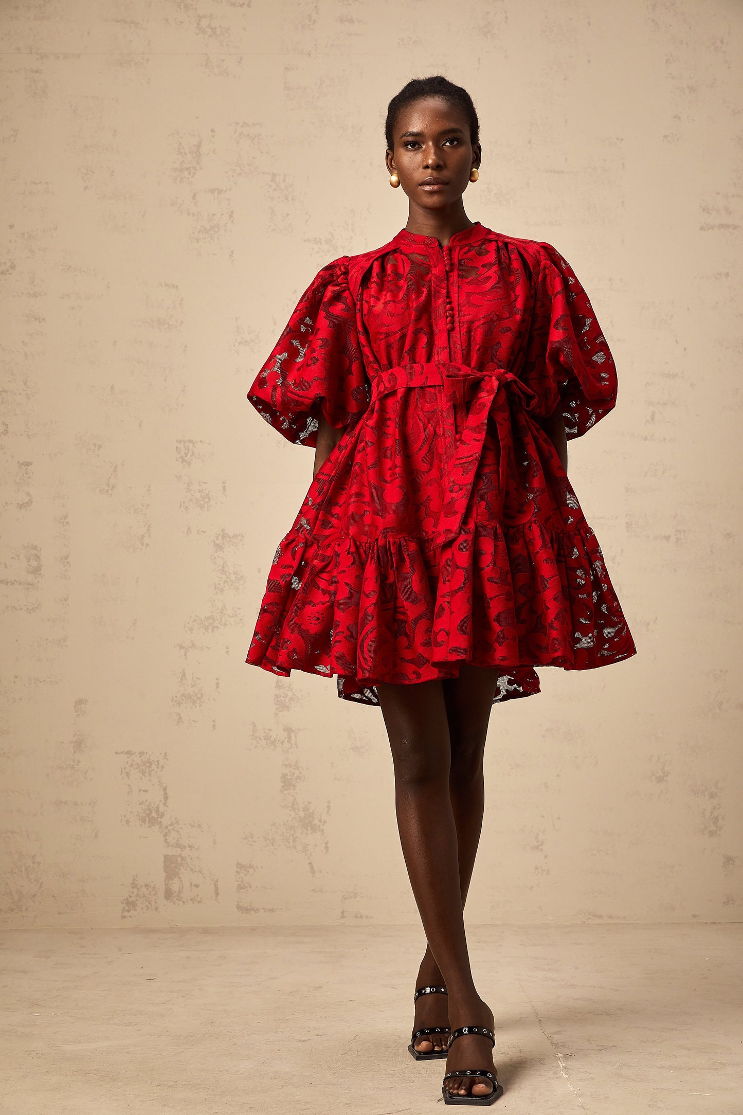 Athénais red jacquard semi-sheer mini dress