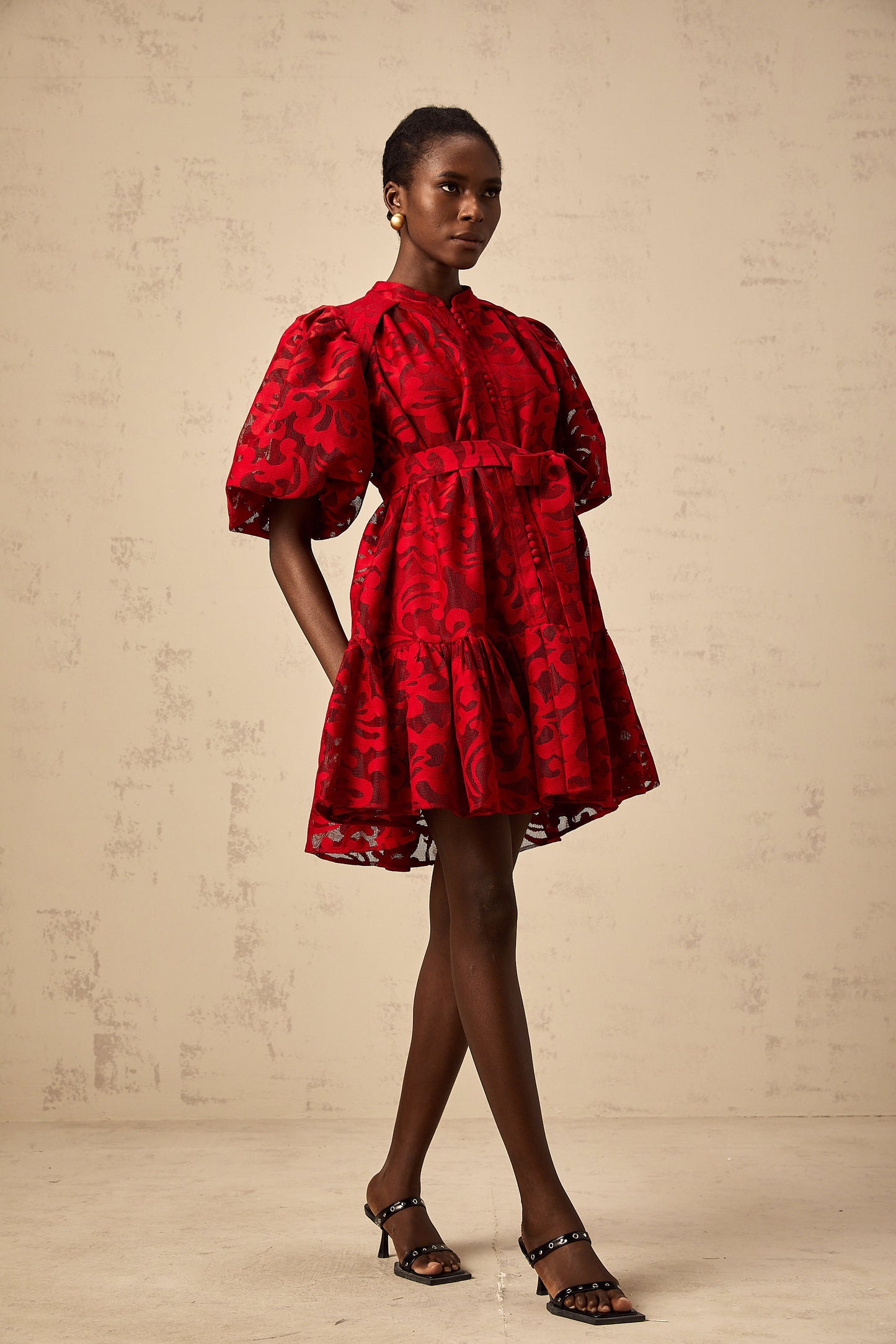 Athénais red jacquard semi-sheer mini dress