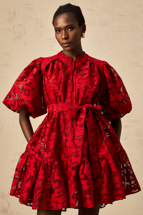 Athénais red jacquard semi-sheer mini dress