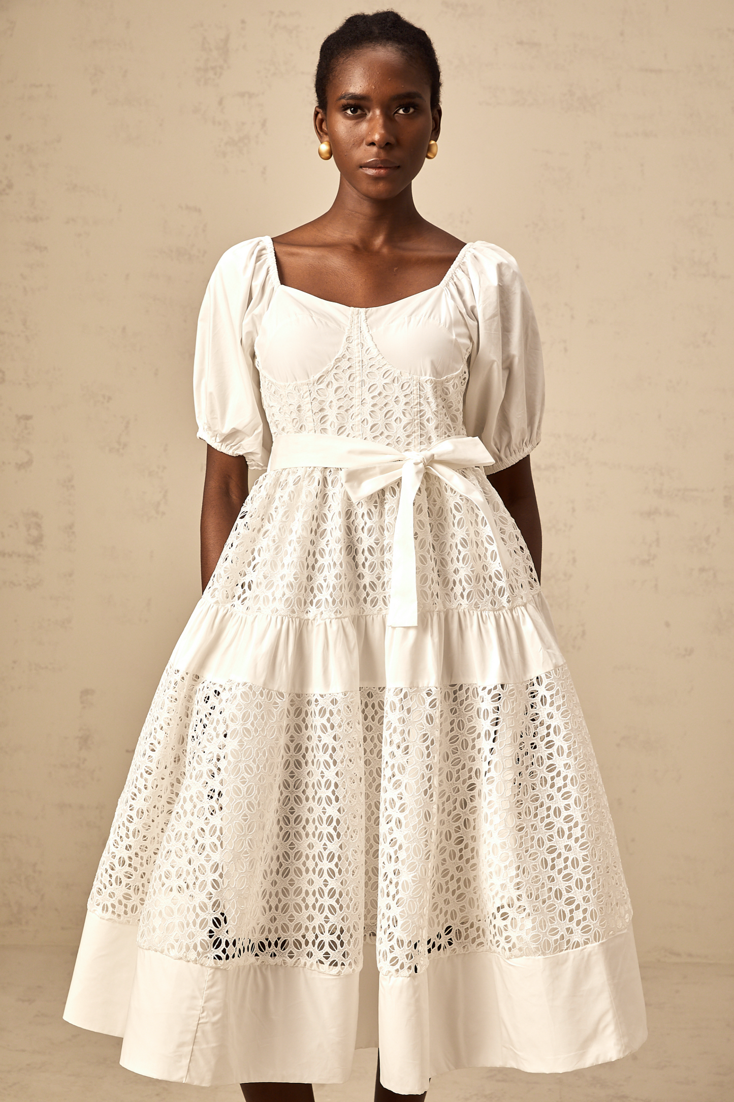 Hélène white corded-lace tiered midi dress