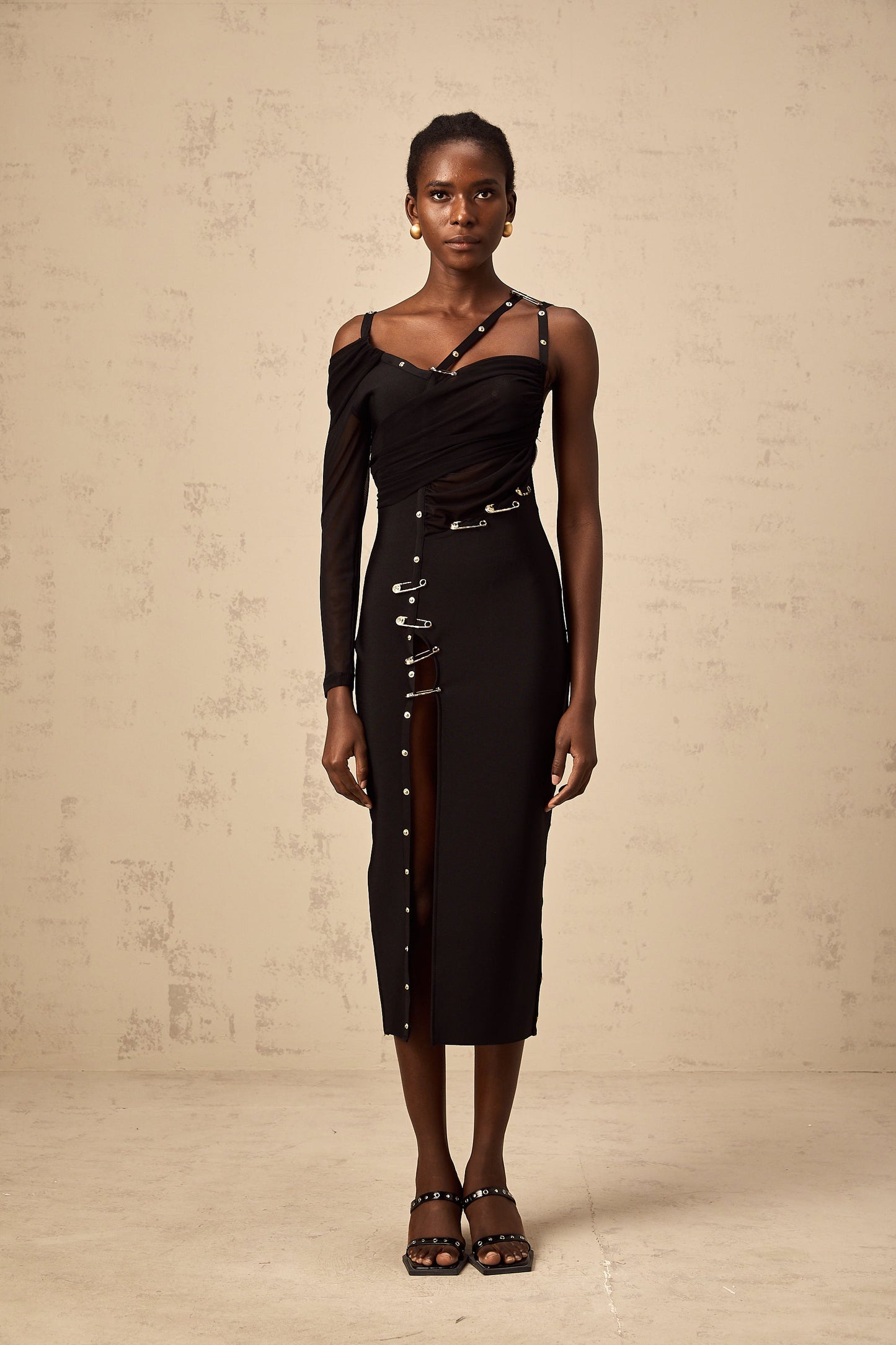 Louise black cut-out asymmetric midi dress