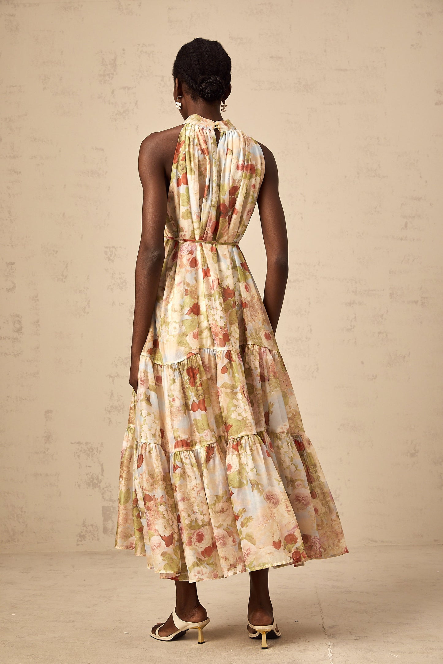 Ulani floral-print sleeveless midi dress in Neutrals