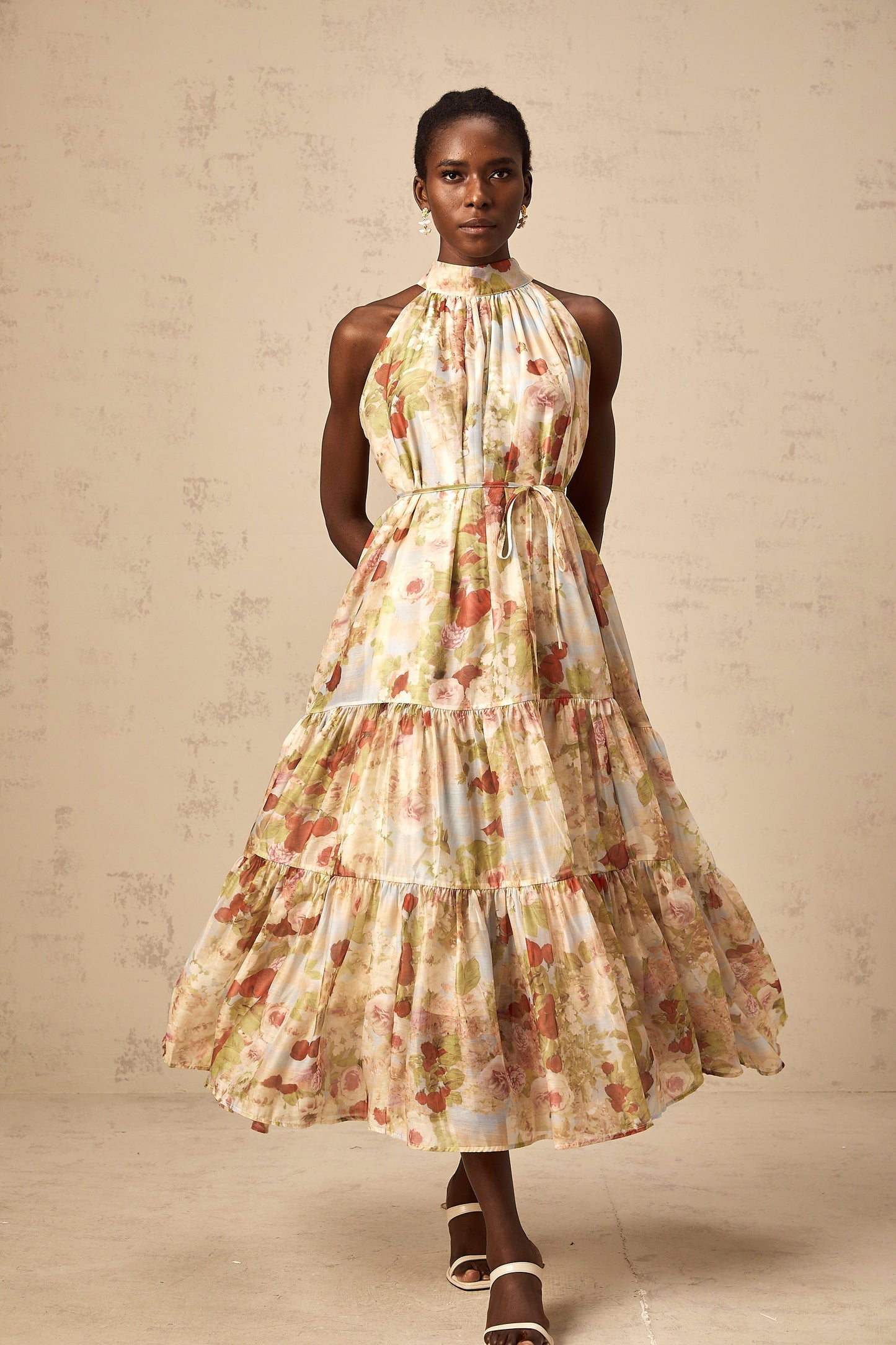 Ulani floral-print sleeveless midi dress in Neutrals