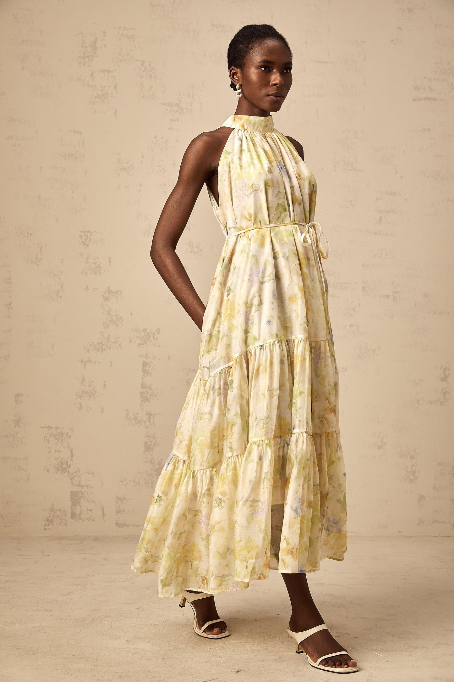 Ulani floral-print sleeveless midi dress in Yellow