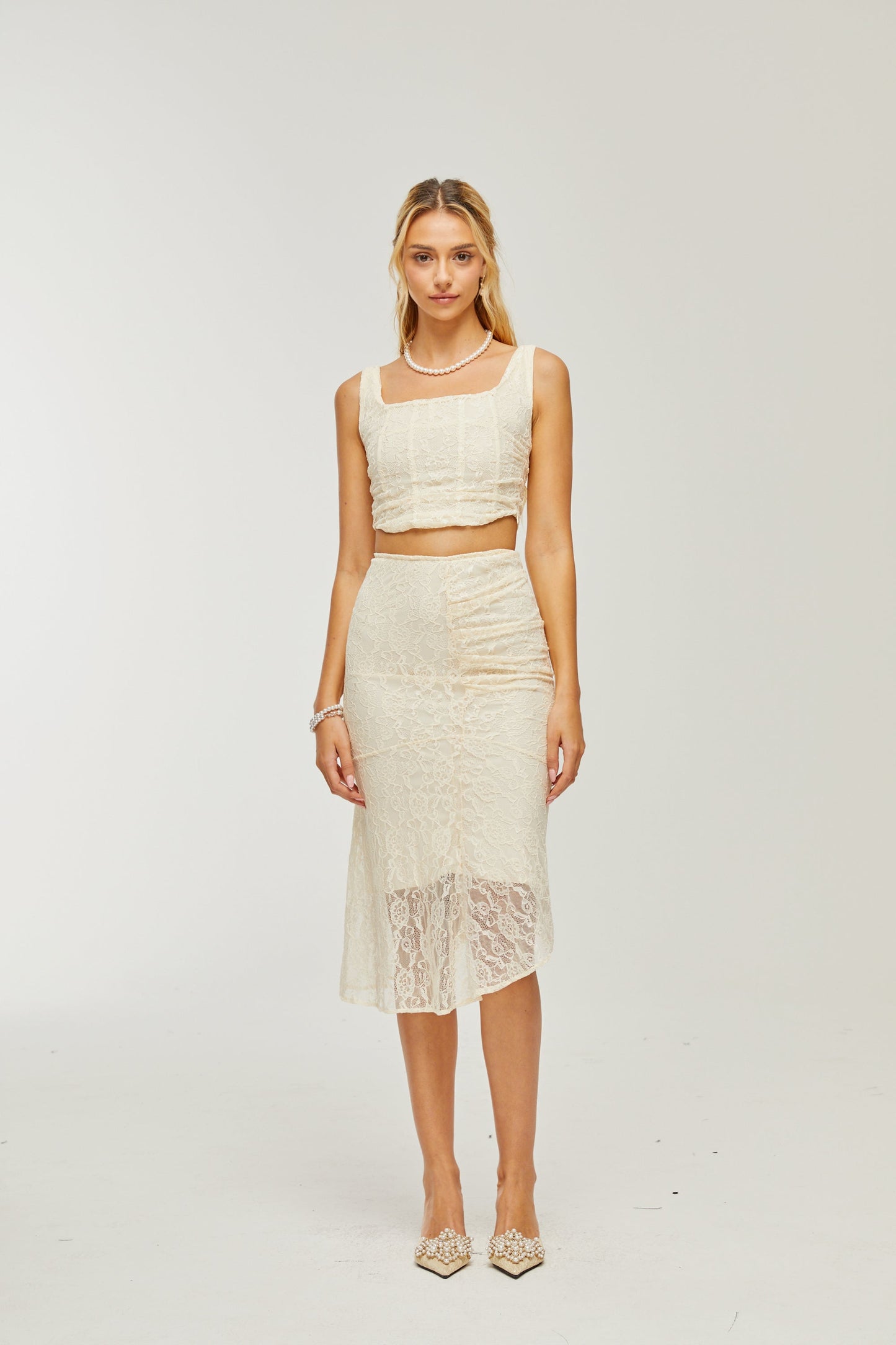 Élodie lace-overlay top & skirt matching set