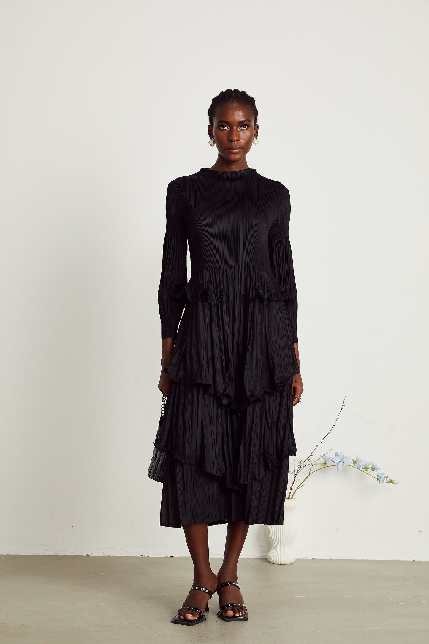 Brianna black tiered pleated midi dress (US Only)