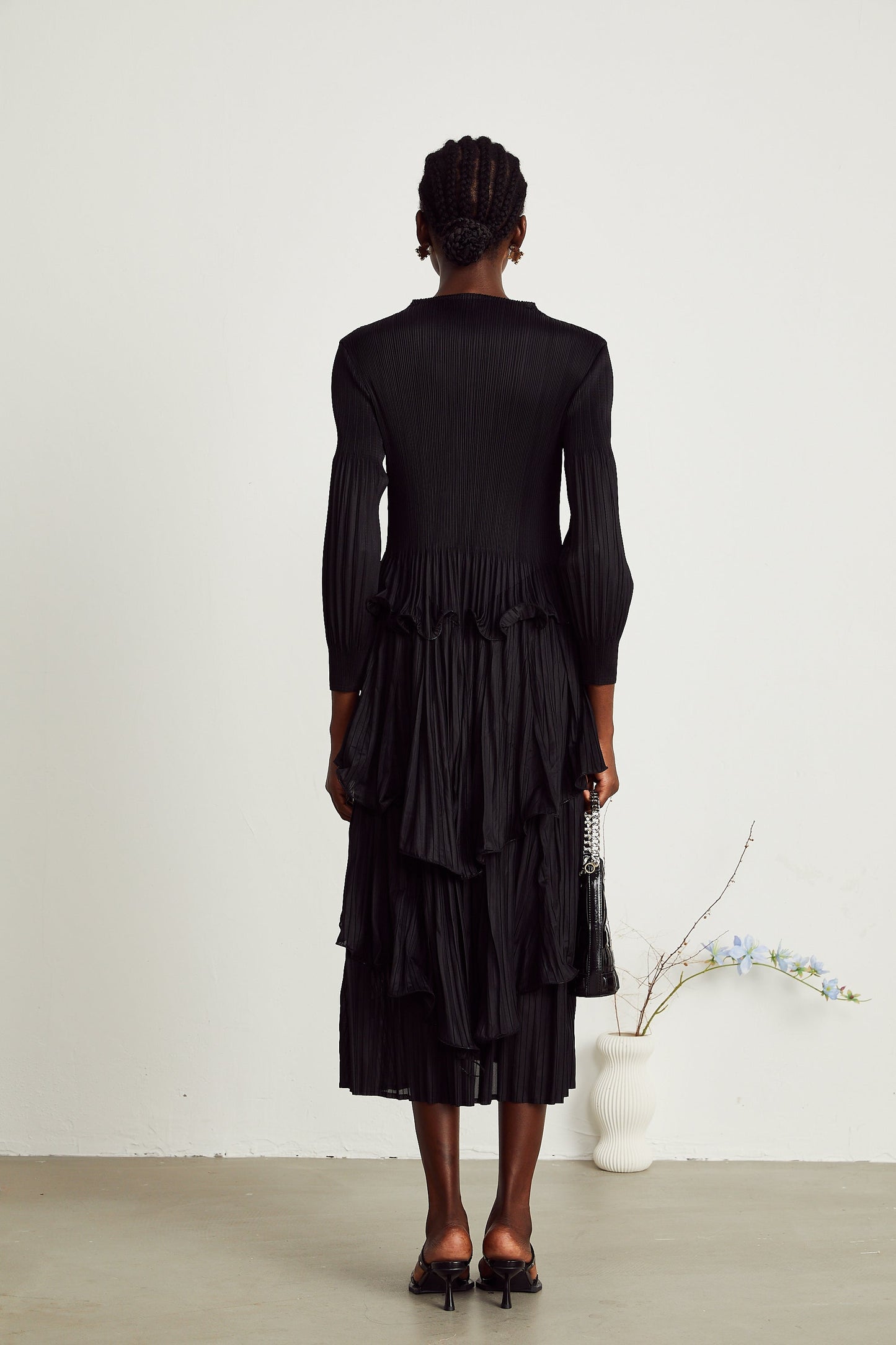 Brianna black tiered pleated midi dress (US Only)