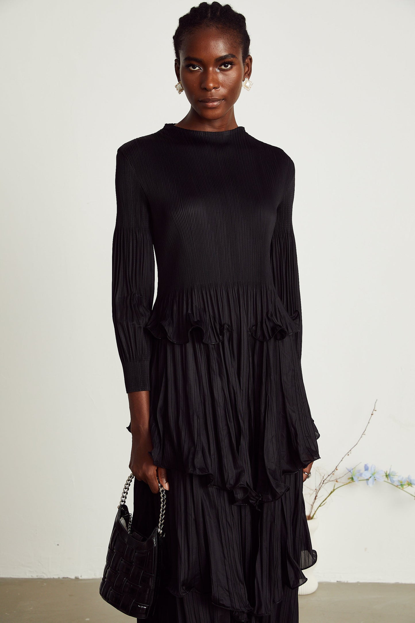 Brianna black tiered pleated midi dress (US Only)