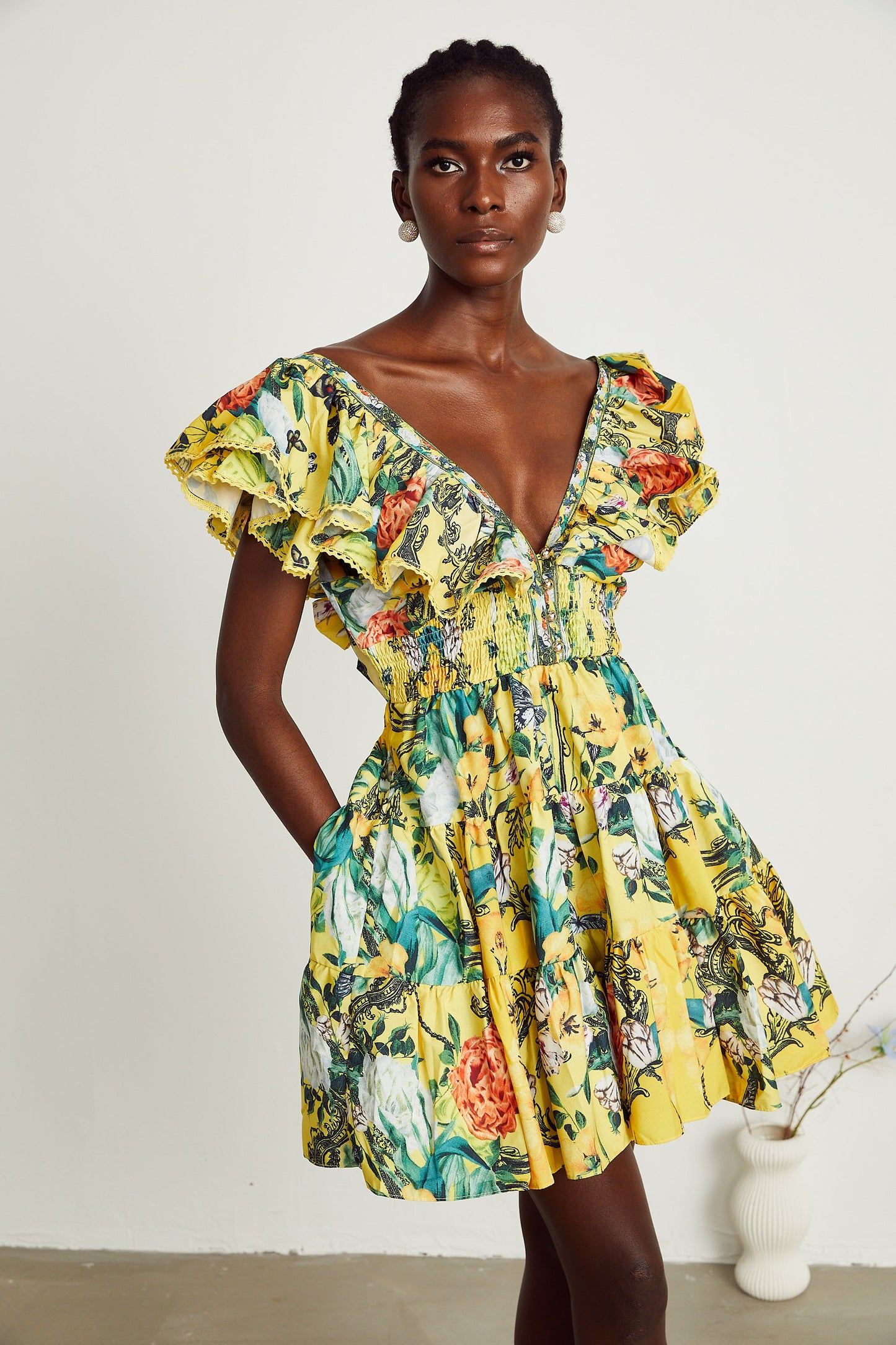 Saige ruffled floral-print mini dress in Yellow (US Only)