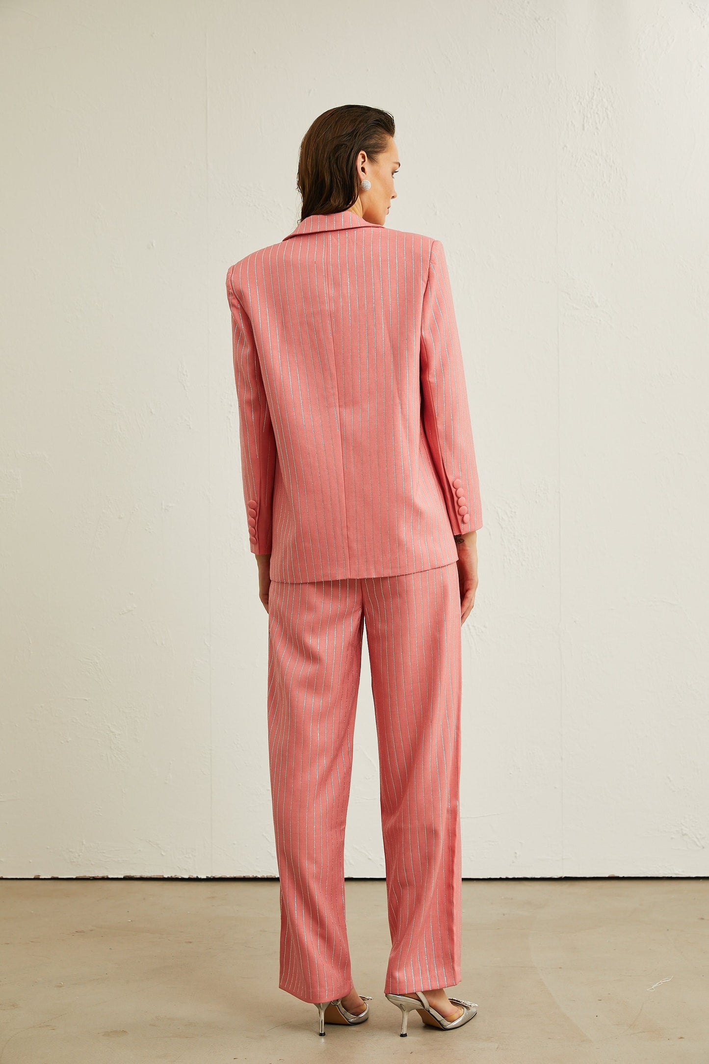 Sarah pink striped embellished jacket & trousers matching set