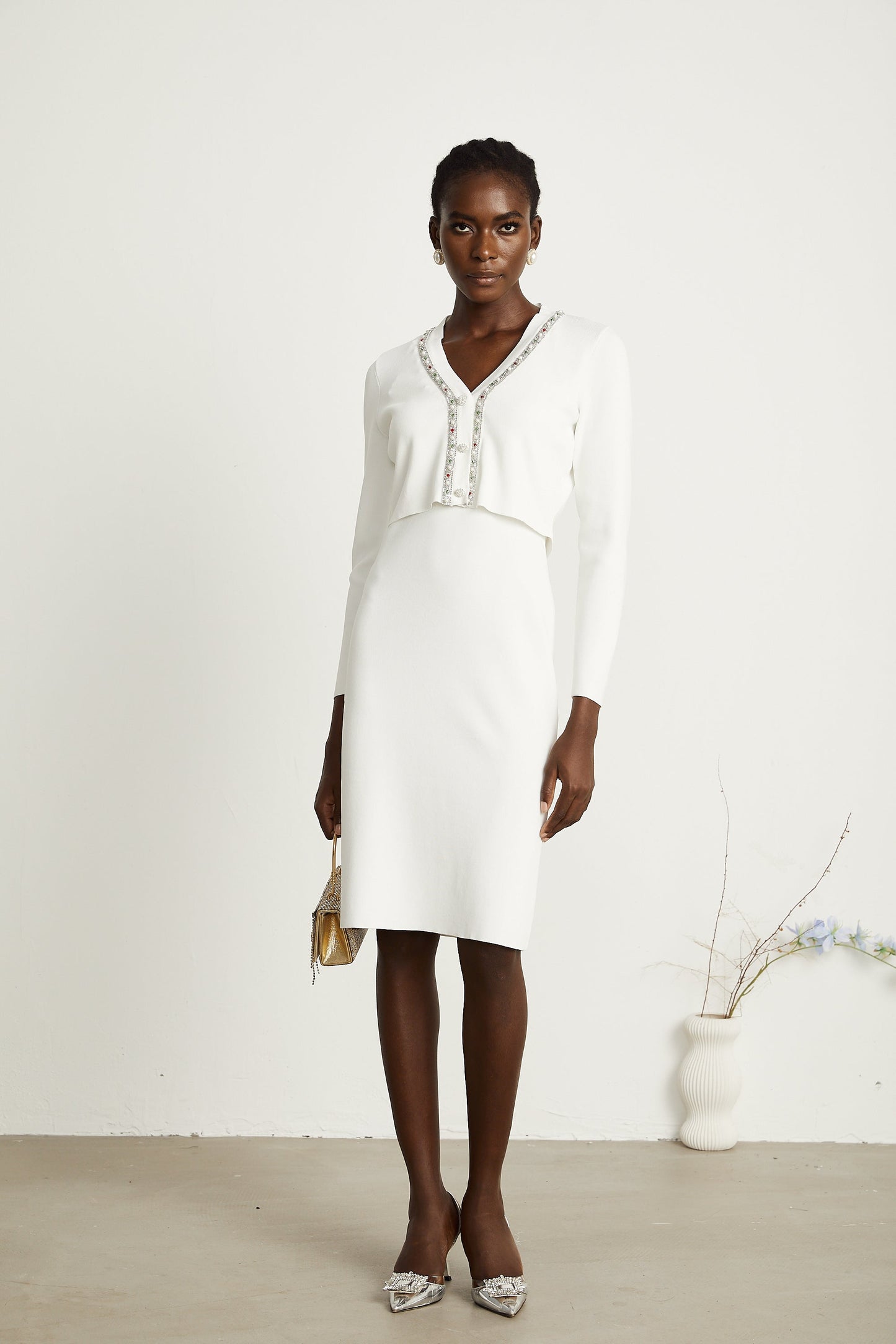 Blanche white bead-embellished cardigan & dress matching set (US Only)