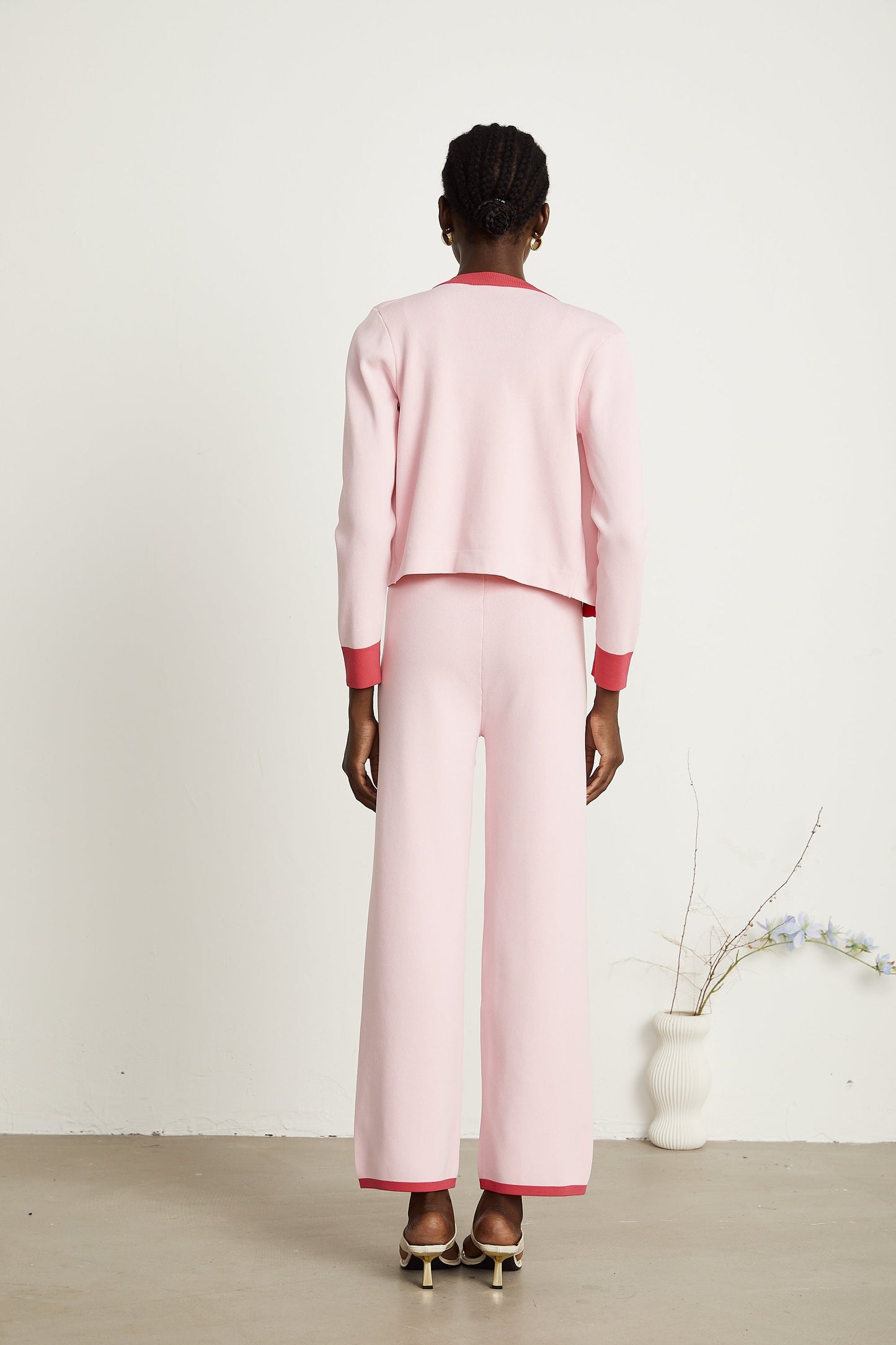 Ariane pink knitted cardigan & vest top & trousers matching set
