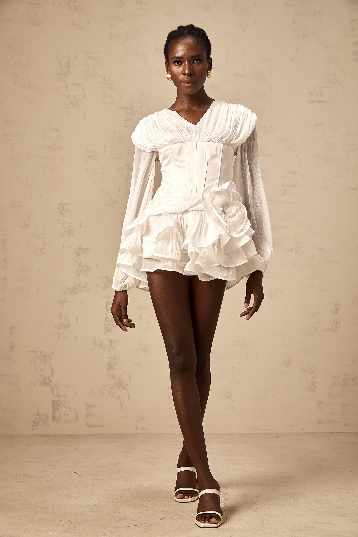 Rosie white fully-pleated cinched mini dress
