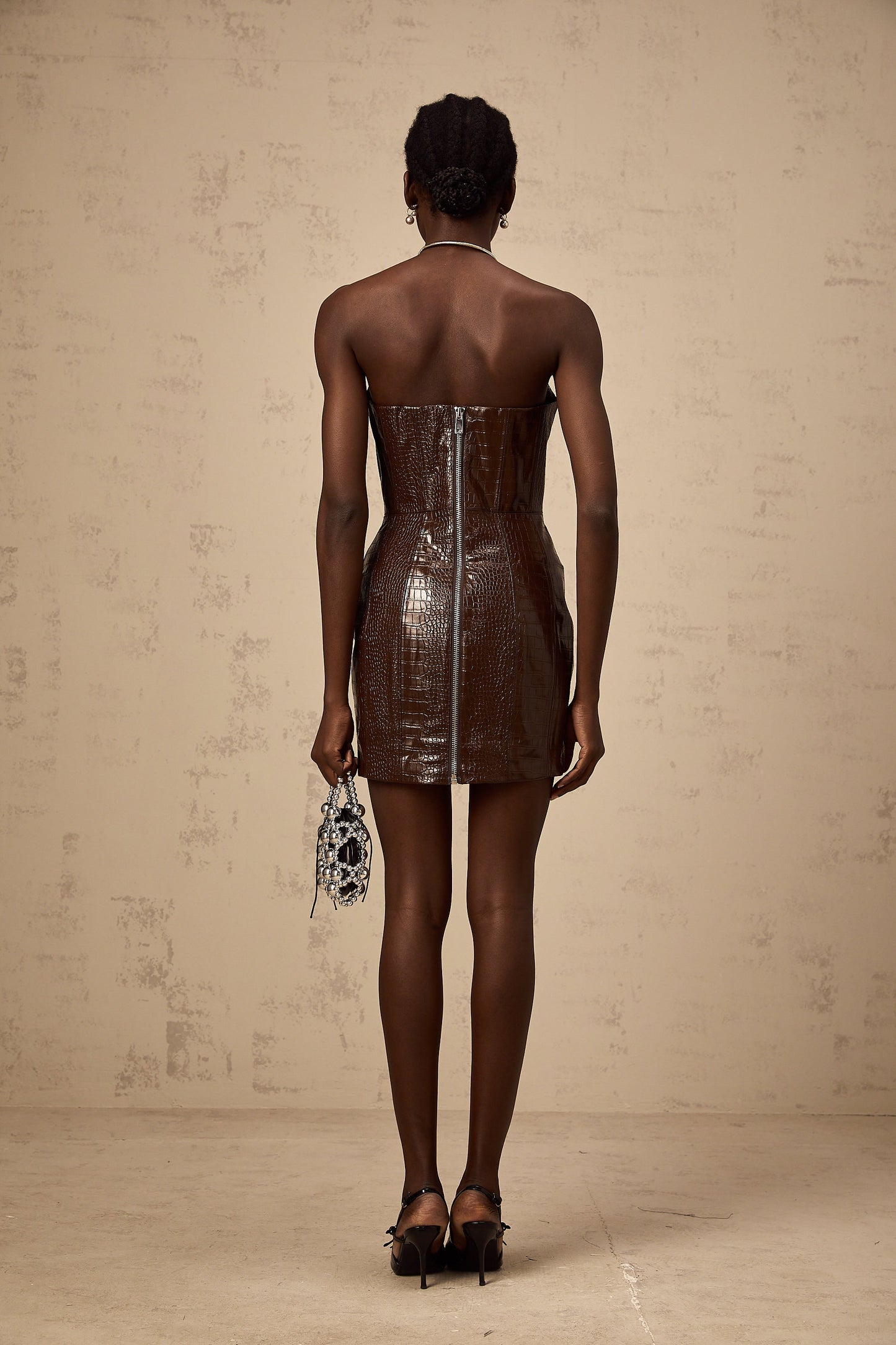 Félicie brown textured leather mini dress