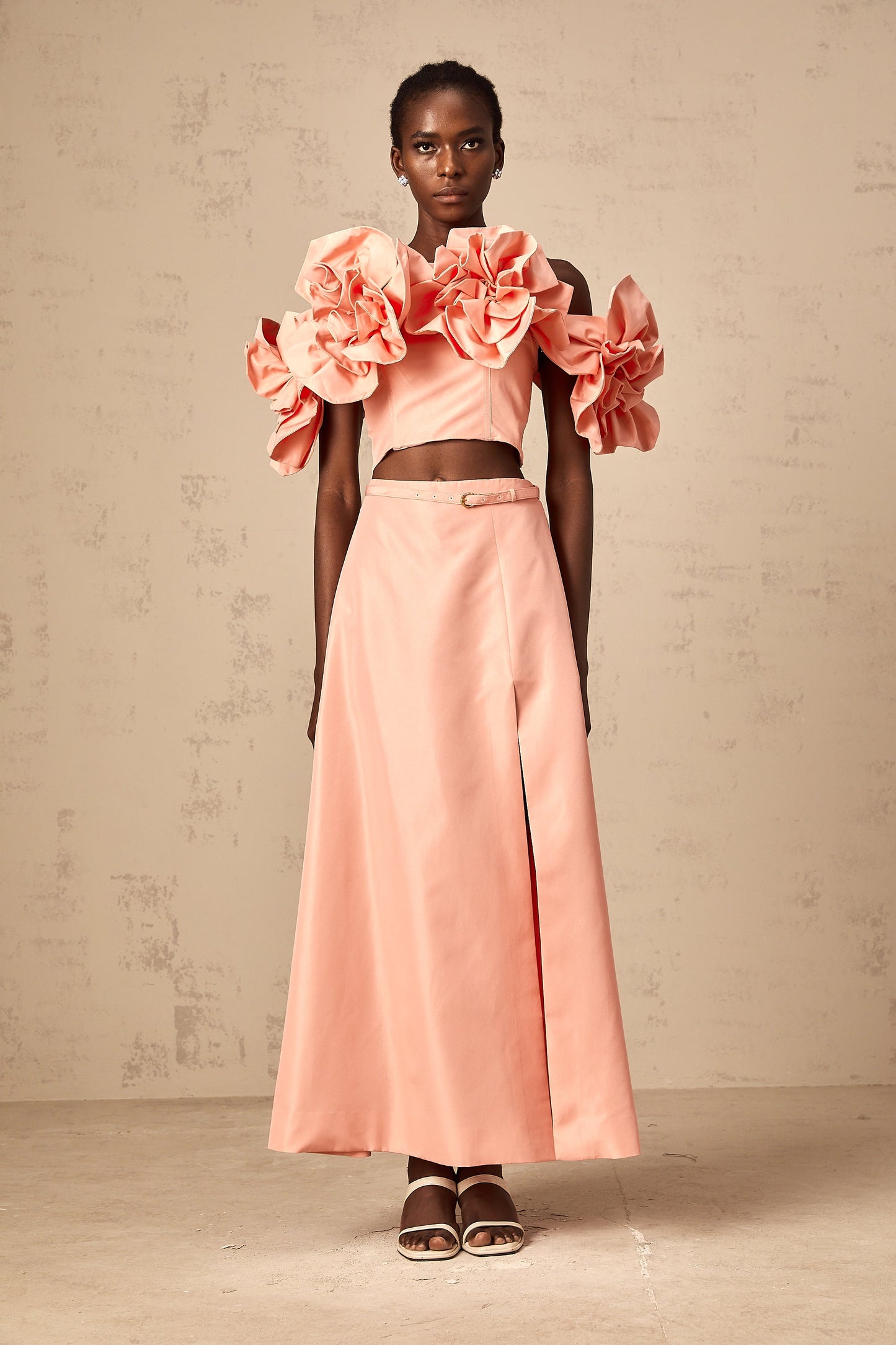 Yvette pink floral-appliqué top & skirt matching set
