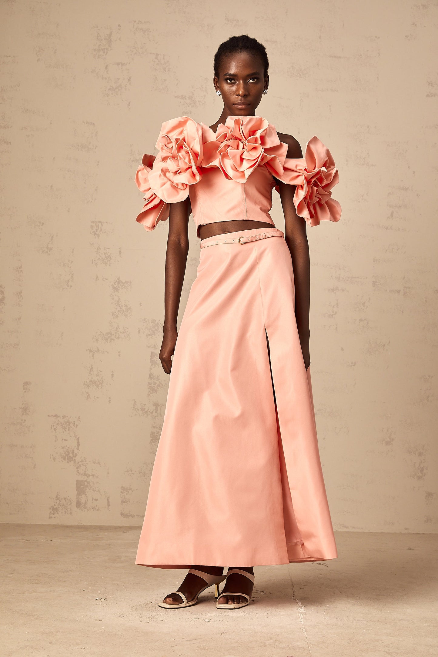 Yvette pink floral-appliqué top & skirt matching set