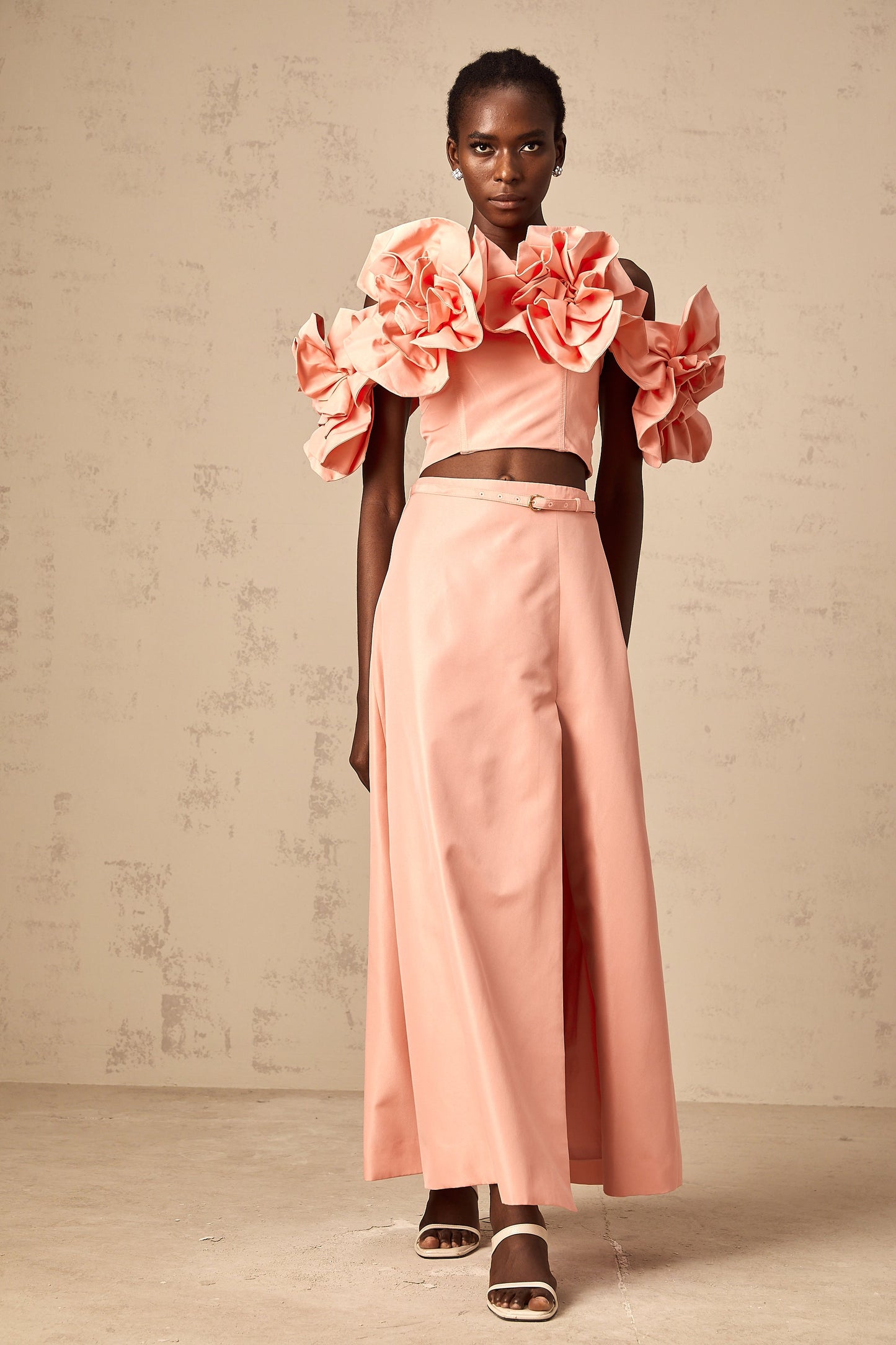 Yvette pink floral-appliqué top & skirt matching set