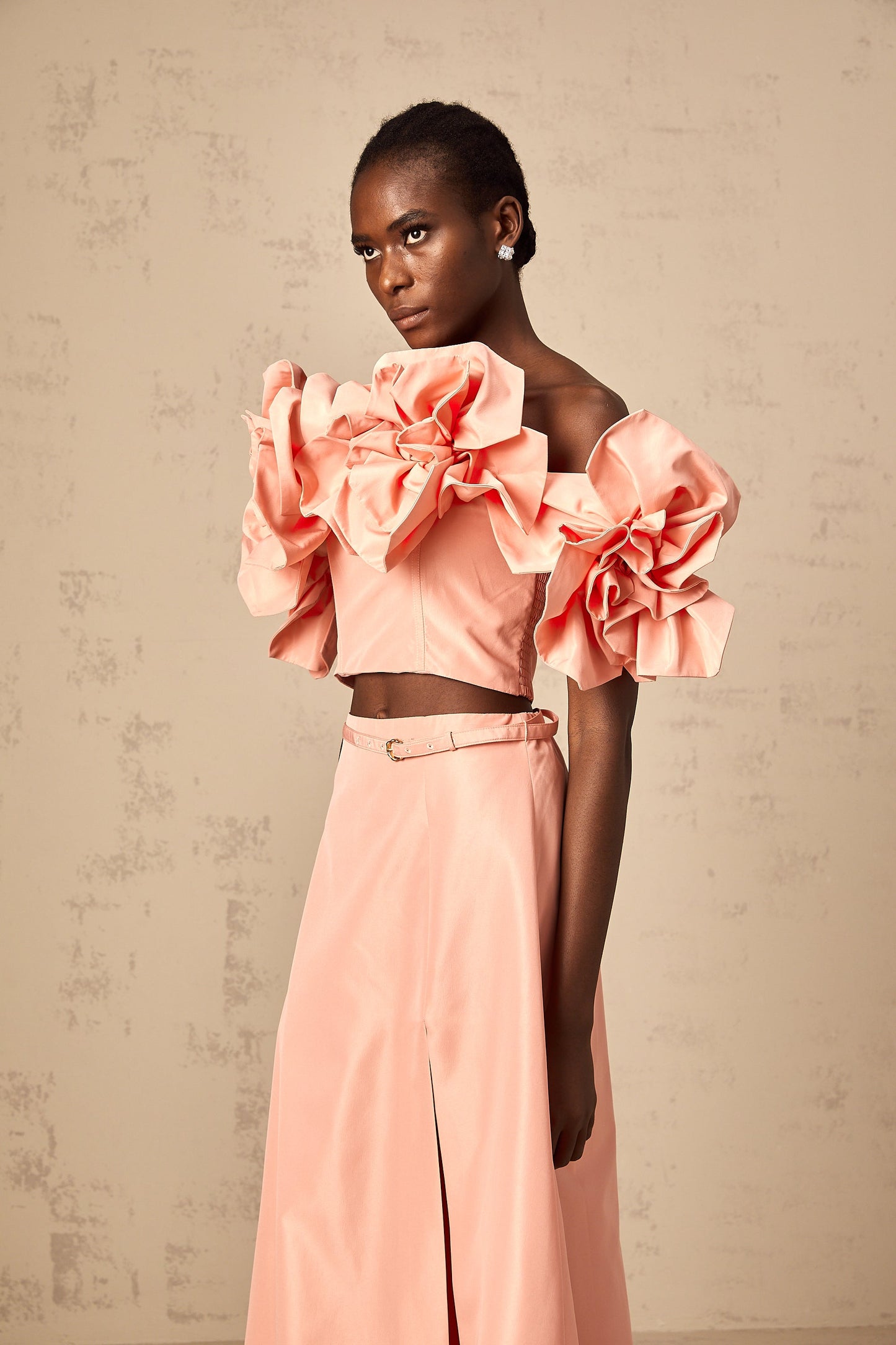 Yvette pink floral-appliqué top & skirt matching set