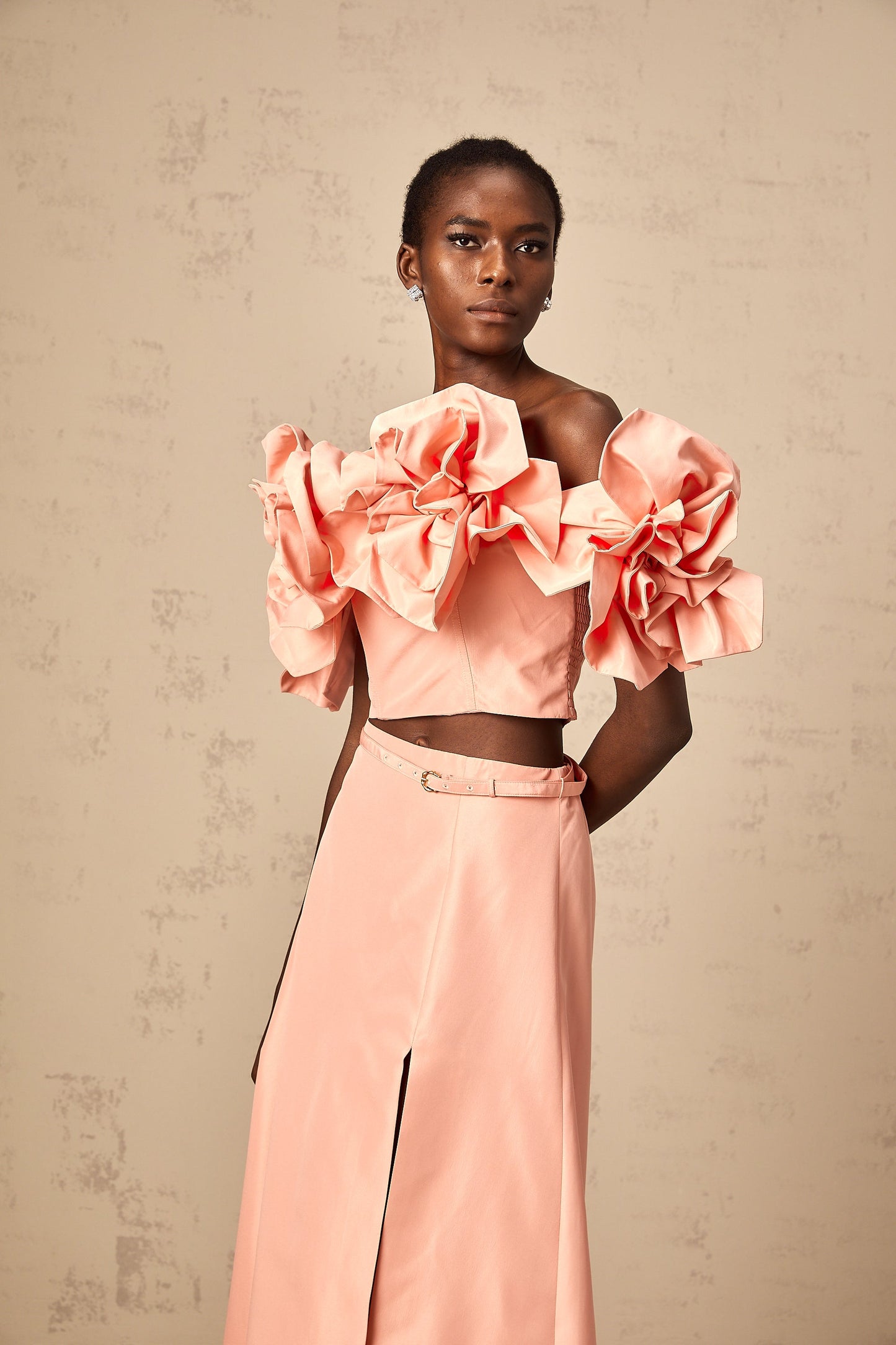 Yvette pink floral-appliqué top & skirt matching set