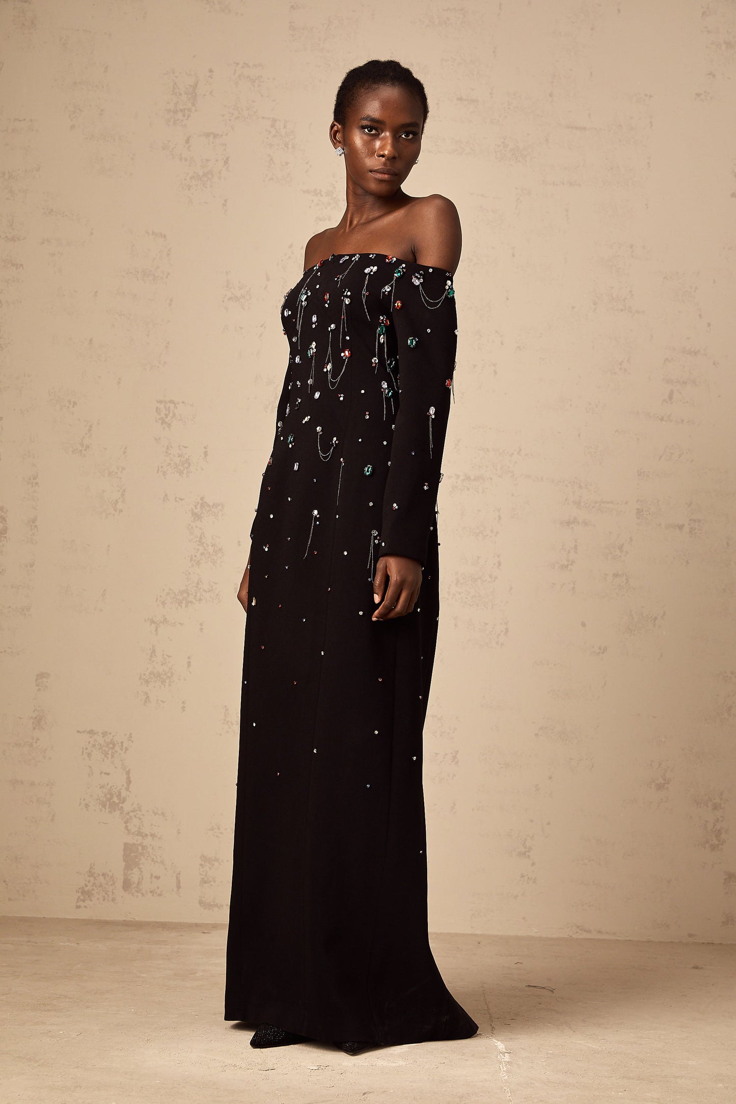 Gabrielle black crystal off-shoulder maxi dress