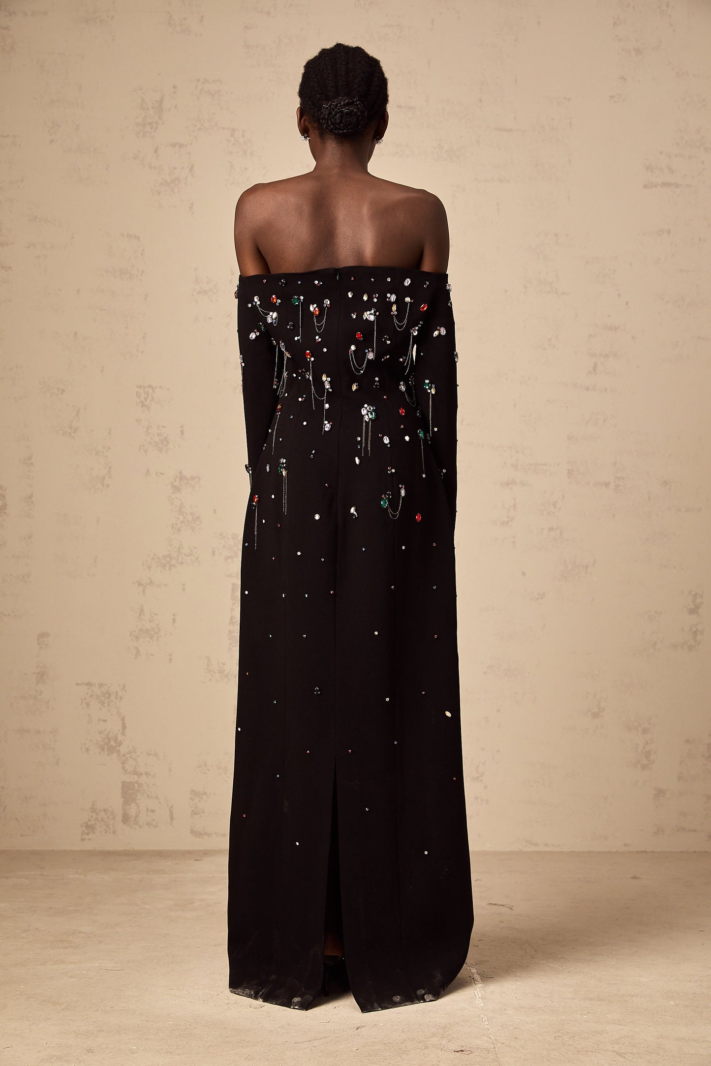 Gabrielle black crystal off-shoulder maxi dress