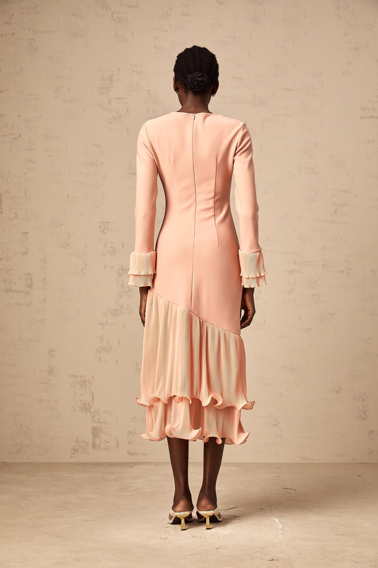 Fleurida ruffled-trim panelled midi dress in Pink