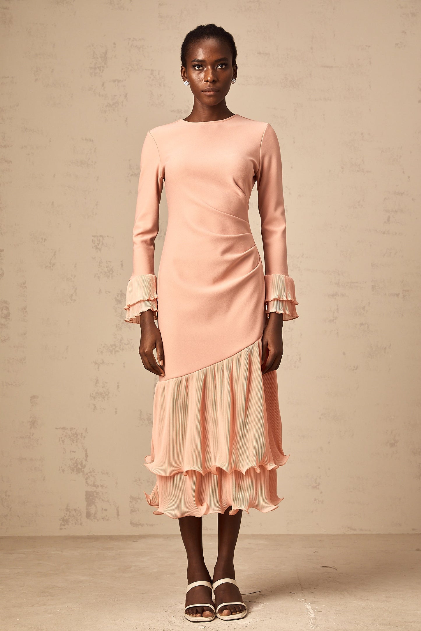 Fleurida ruffled-trim panelled midi dress in Pink