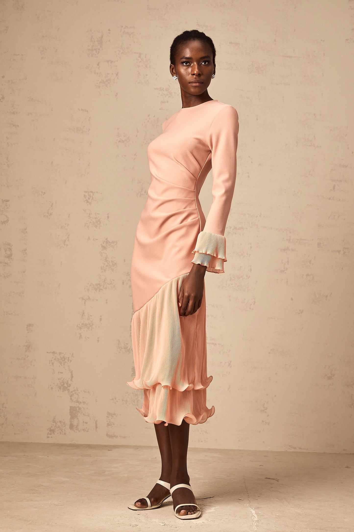 Fleurida ruffled-trim panelled midi dress in Pink