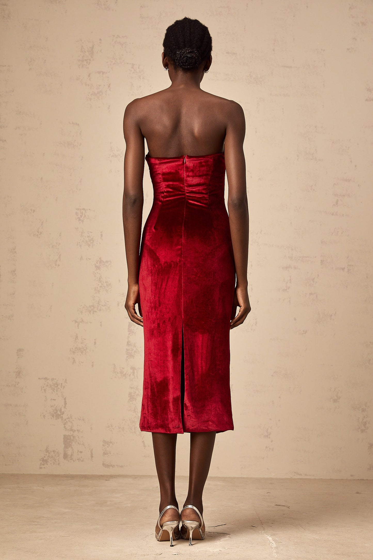 Tiphaine red gathered-detail velvet midi dress