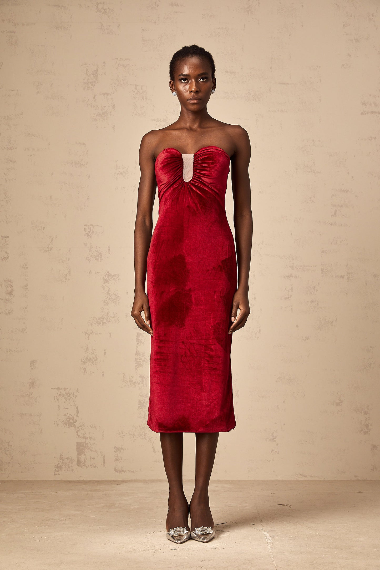Tiphaine red gathered-detail velvet midi dress