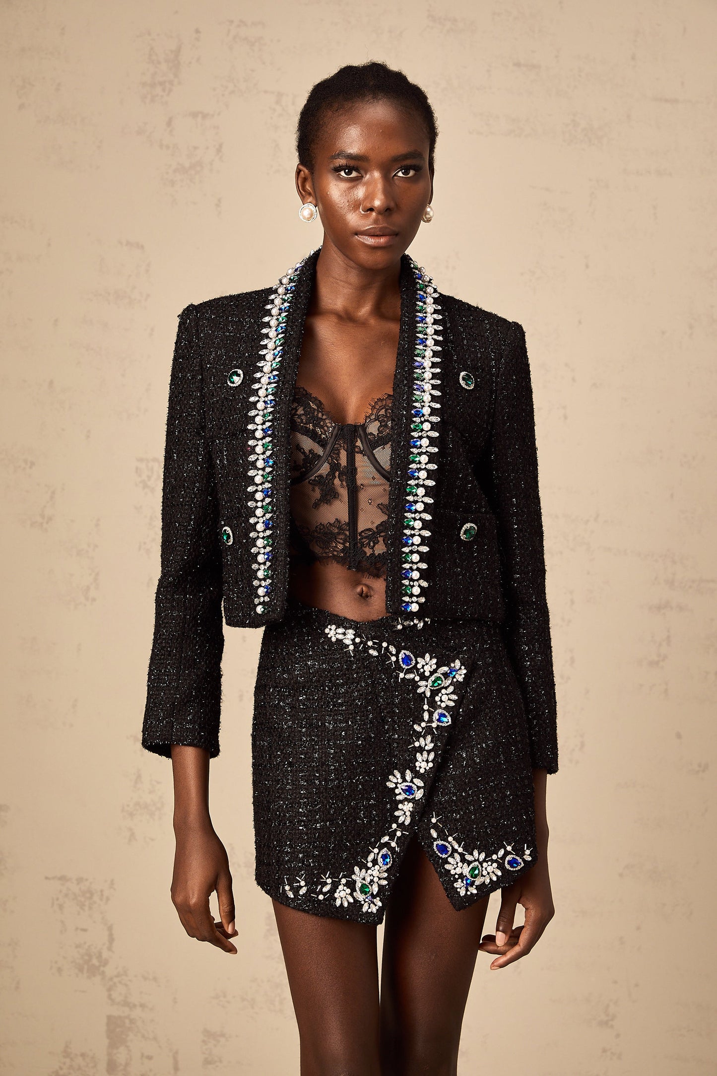 Delphine black crystal tweed jacket & skirt matching set