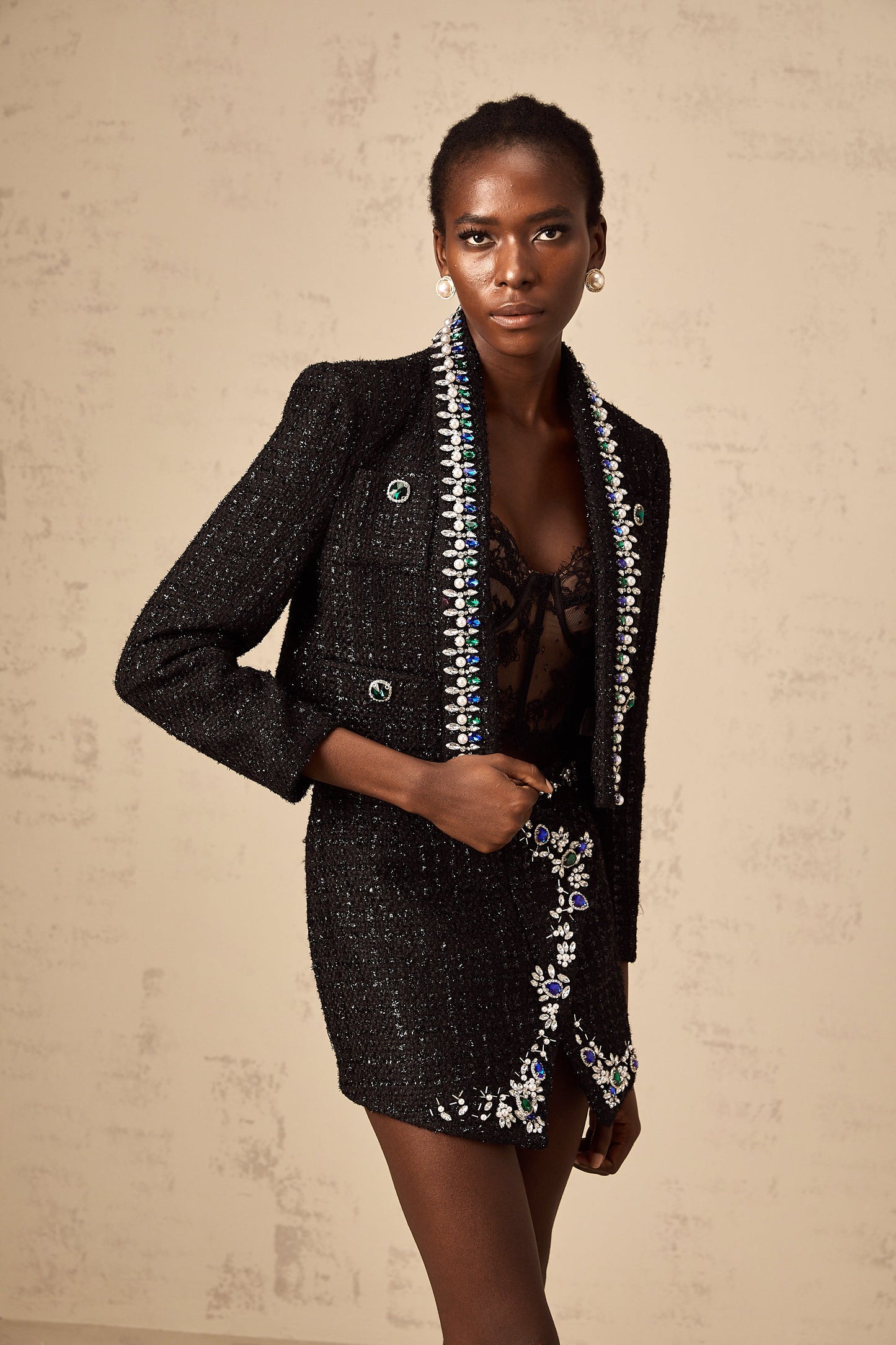 Delphine black crystal tweed jacket & skirt matching set