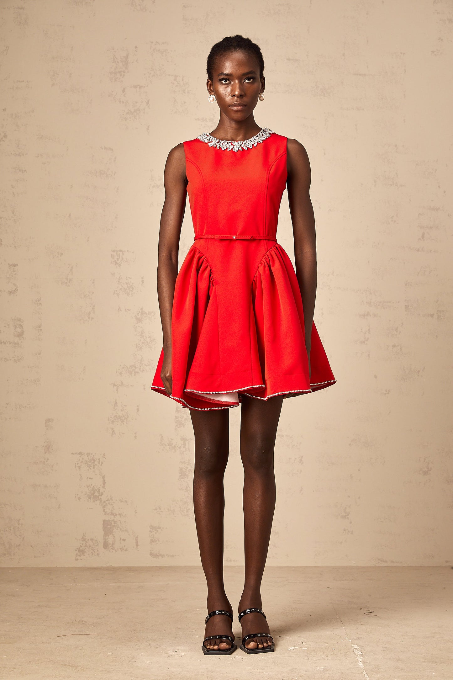 Léonie red embellished pleated mini dress