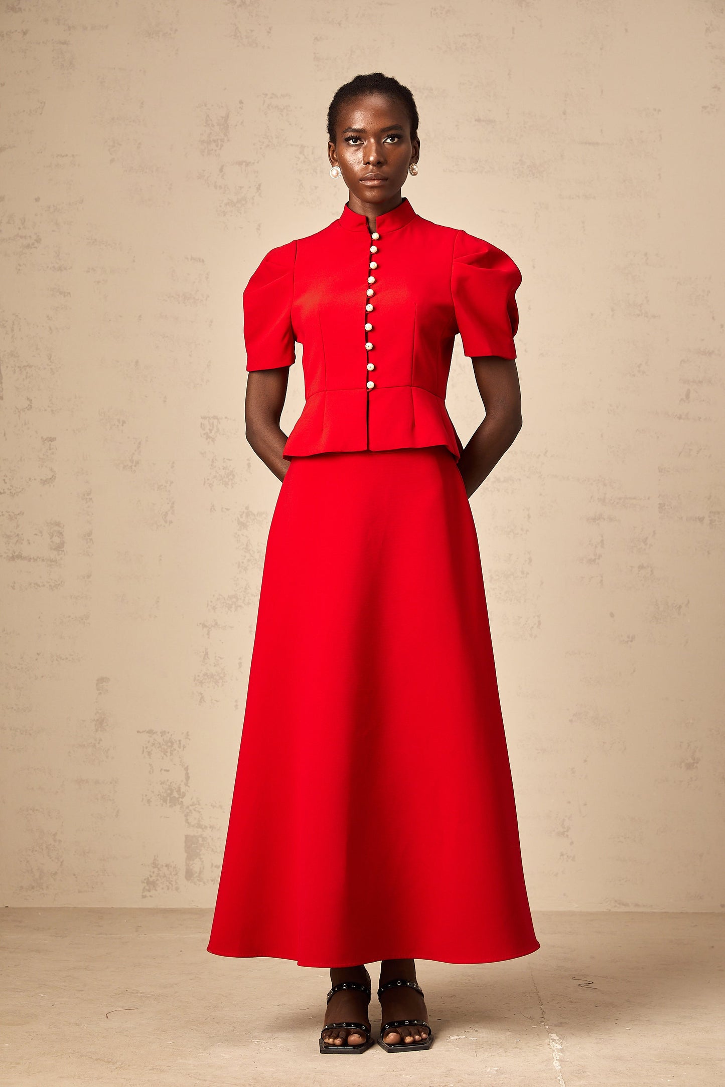 Colette red pleated blouse & skirt matching set